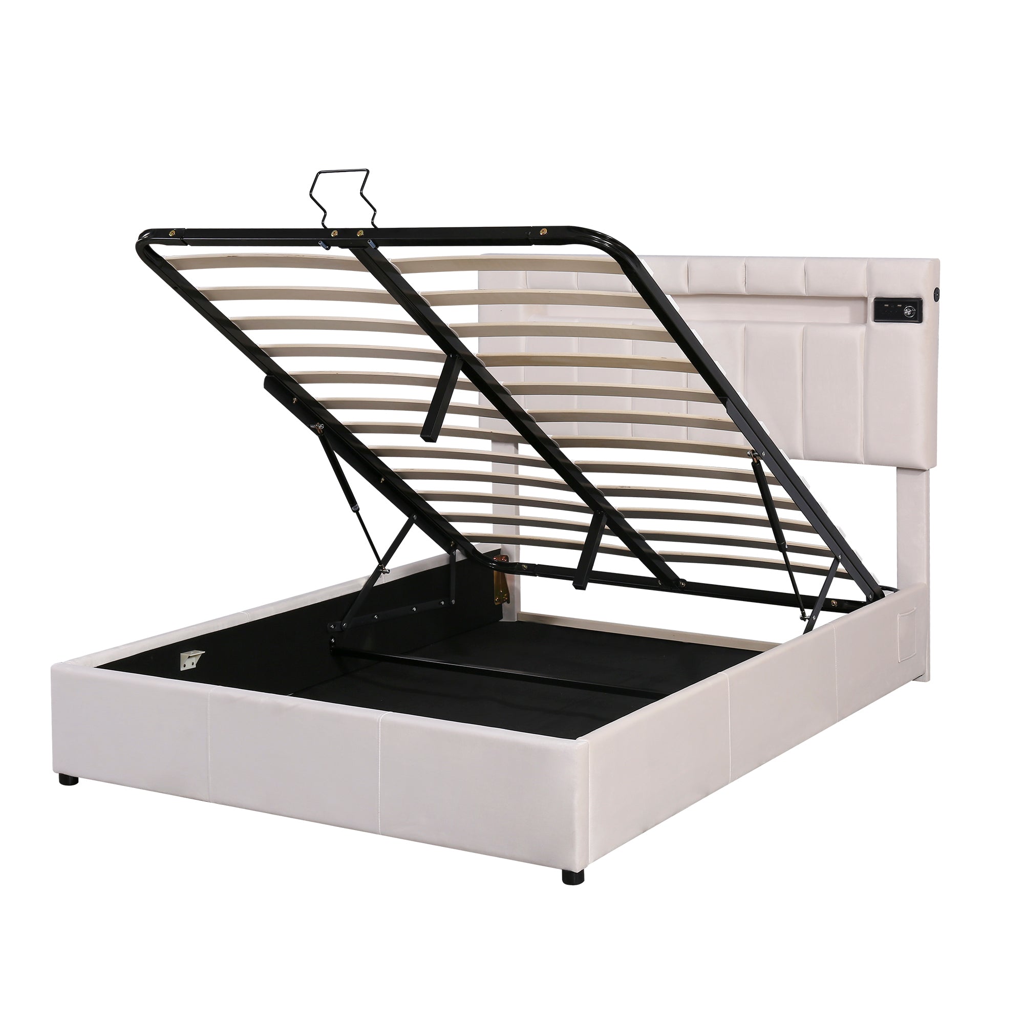 Miami Full Size Velvet Hydraulic Lift Up Storage Platform Bed with LED Light, Bluetooth Player and USB Charging