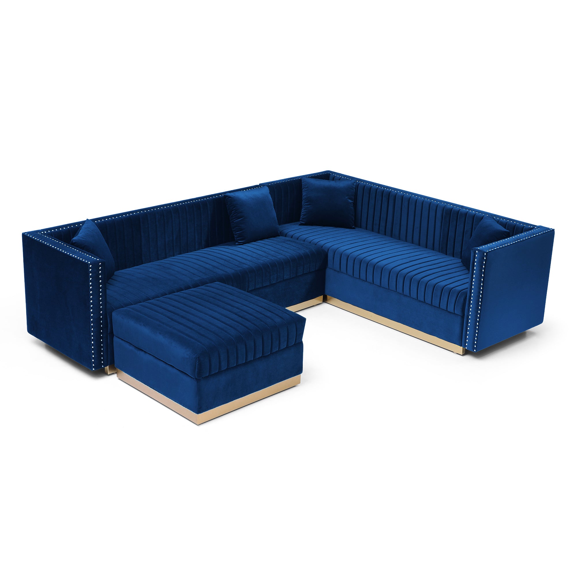 Milano Luxury Velvet Sectional With Ottoman, Vertical Channel Tufted with Gold Finish legs