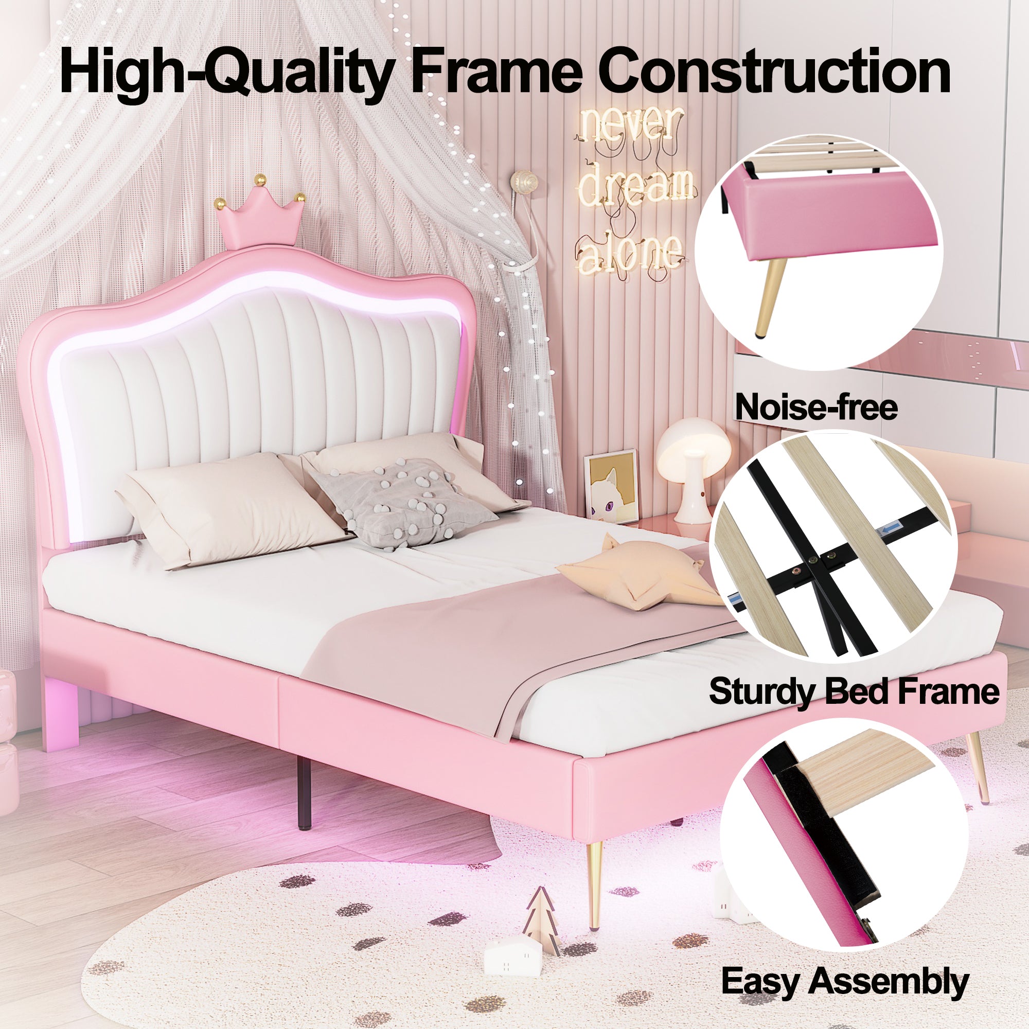 Sofia Pink and White Faux Leather Full Size Platform Bed with Crown and LED Light