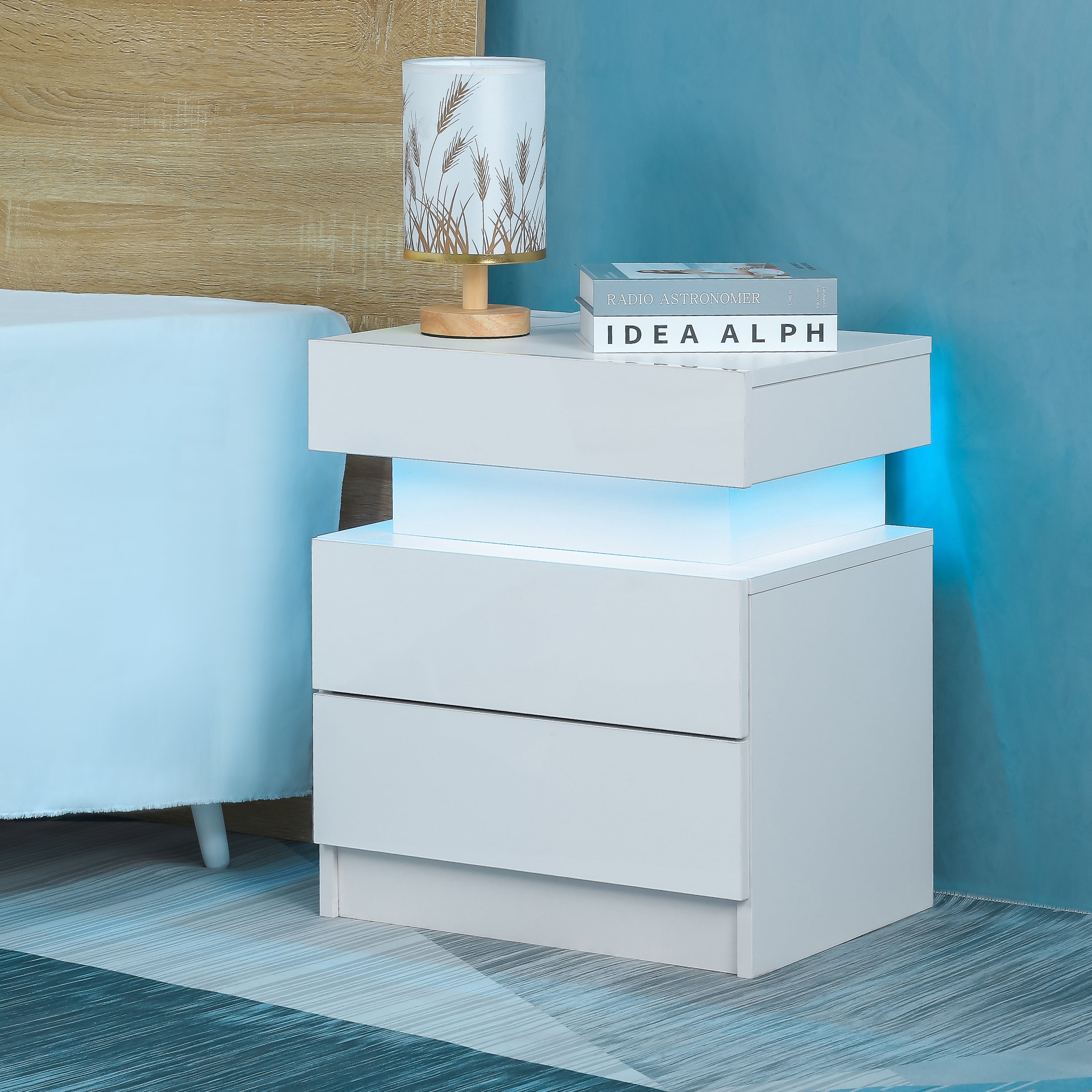 white Modern Nightstand with LED Light and Lift Top Storage