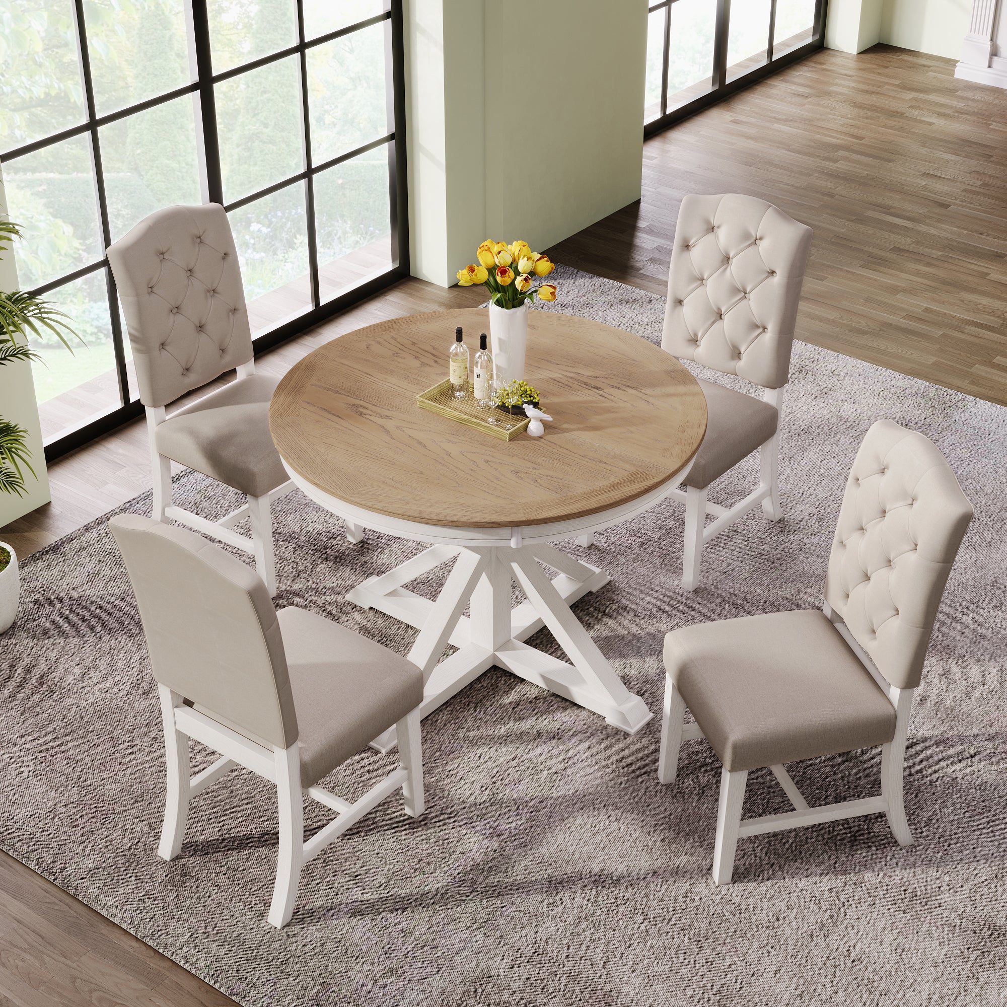 Wiley 5 Piece White and Oak Wood Dining Set With Butterfly Leaf