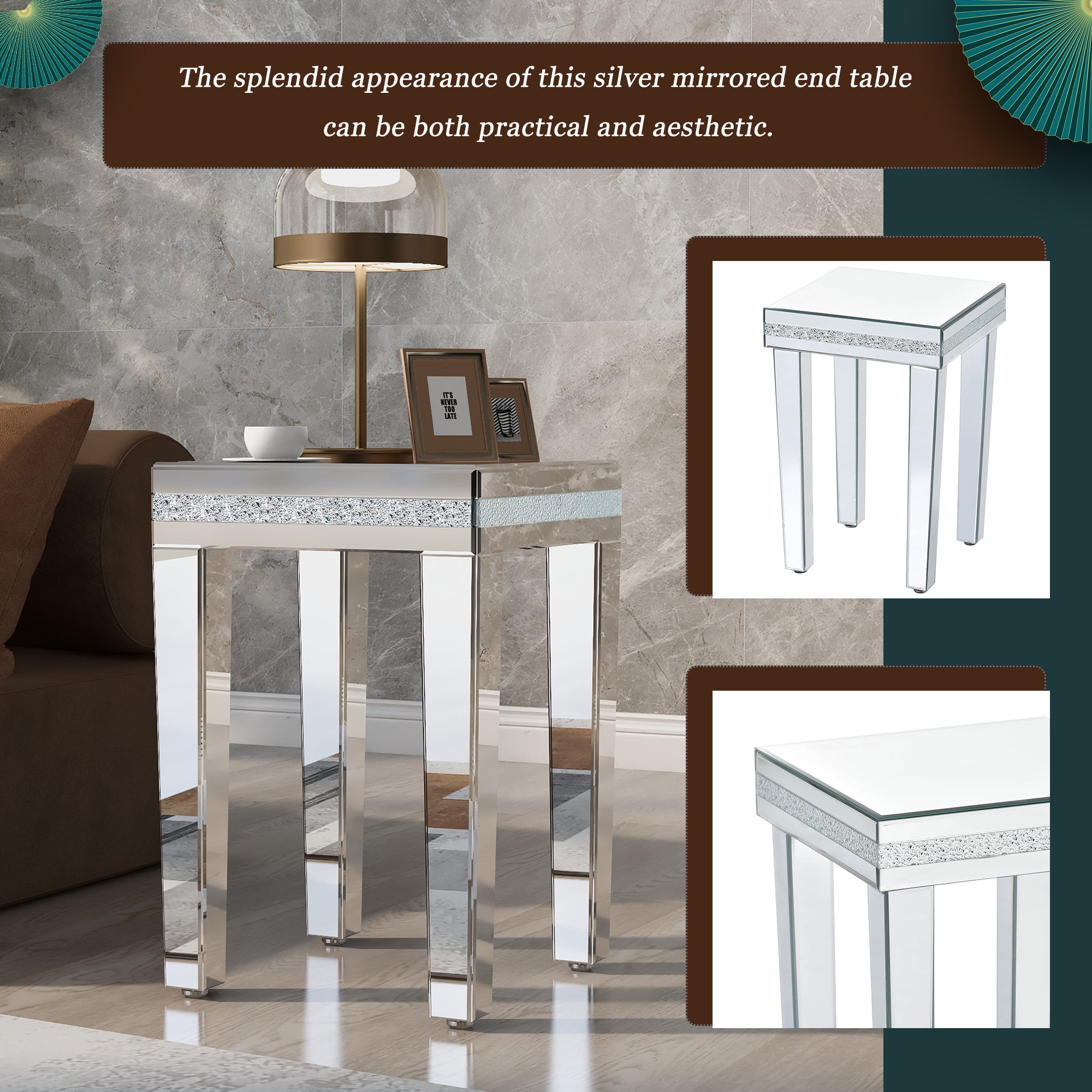 15"x15" Modern Glass Mirrored Side End Table with Crystal Inlay Design