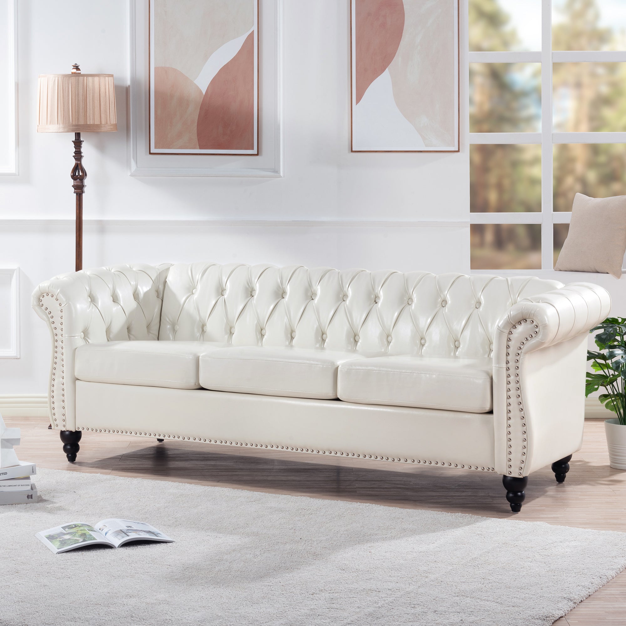 84" White Faux Leather Chesterfield Sofa With Nailhead Trim