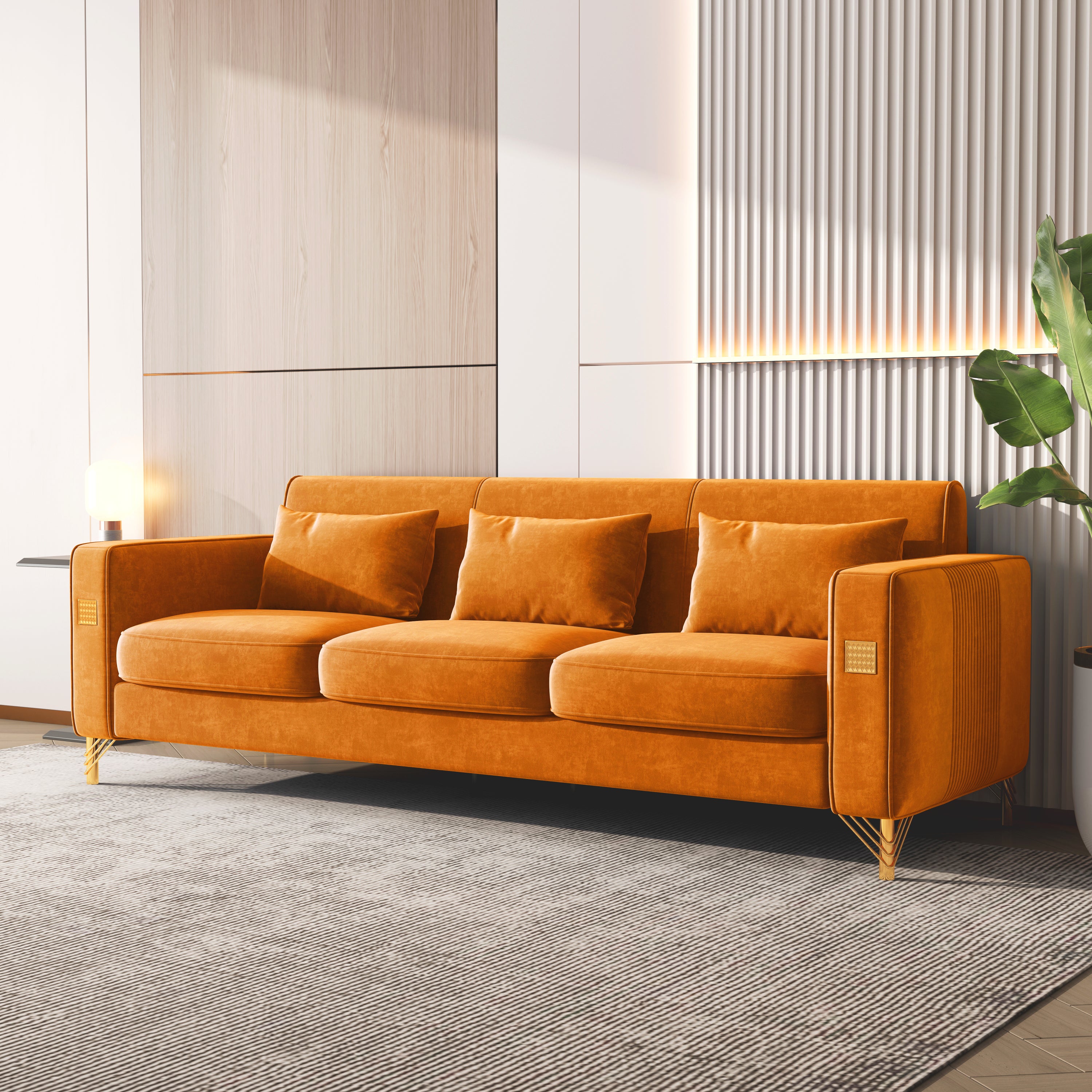 86" Modern Orange Velvet Three Seater Sofa