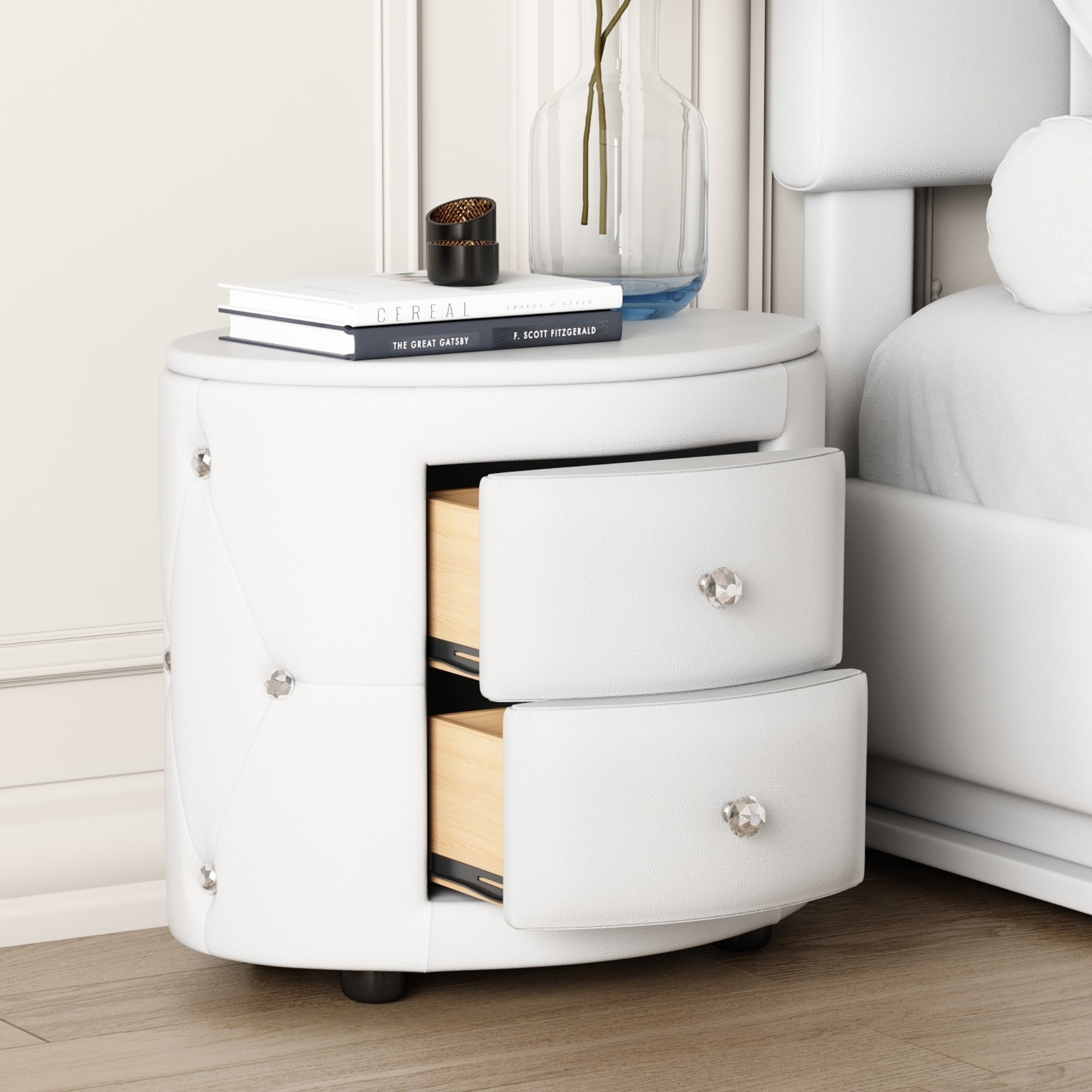 Modern White Faux Leather Nightstand with Faux Crystal Knobs