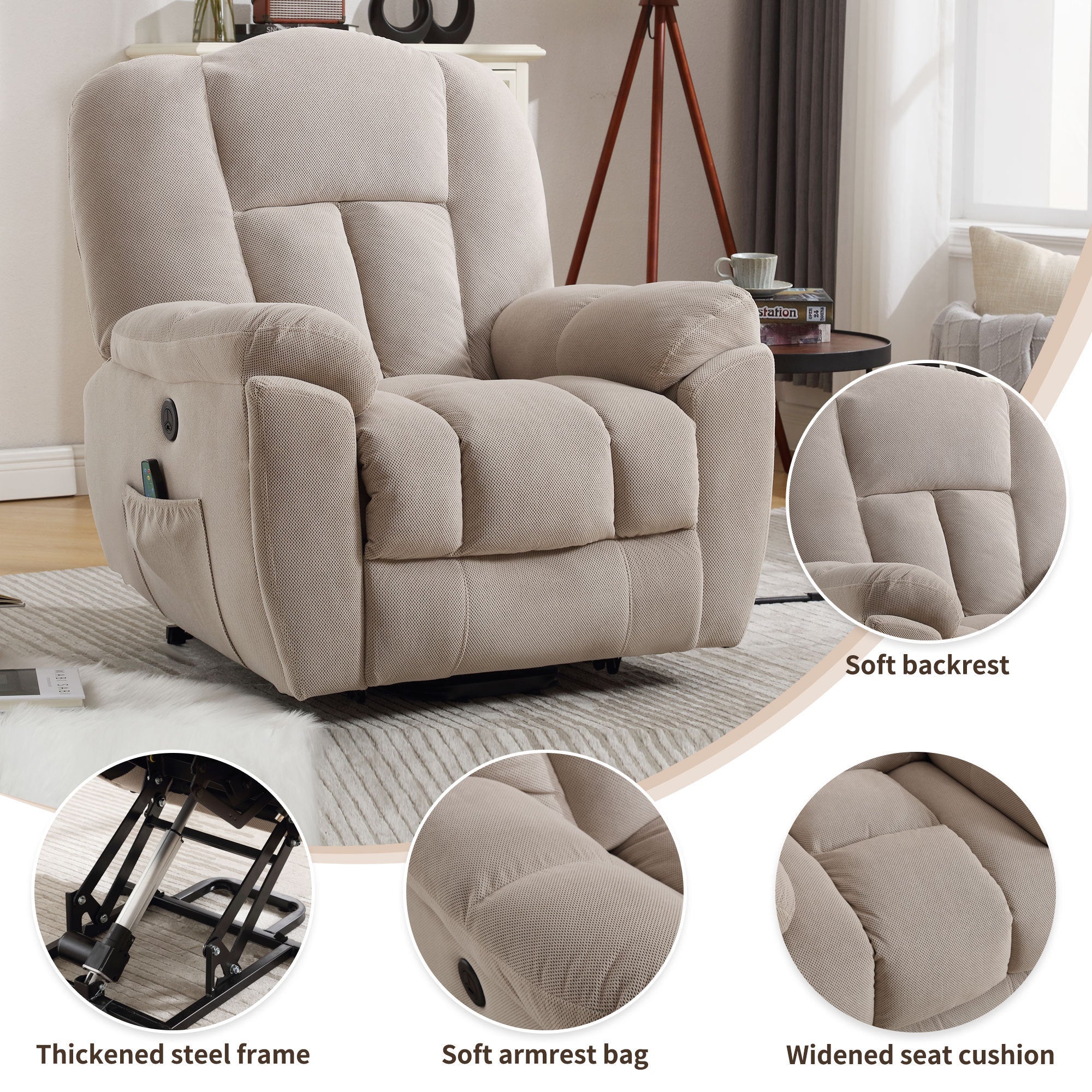 Jackson Fabric Power Lift Recliner Chair With Massage and Heat USB charge Port