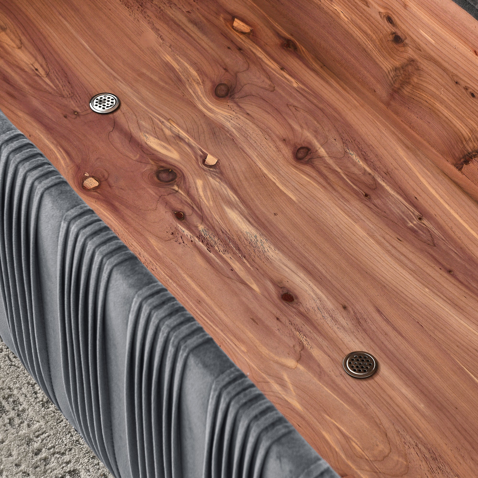 Gray Velvet Storage Bench with Cedar Wood Veneer and Metal legs