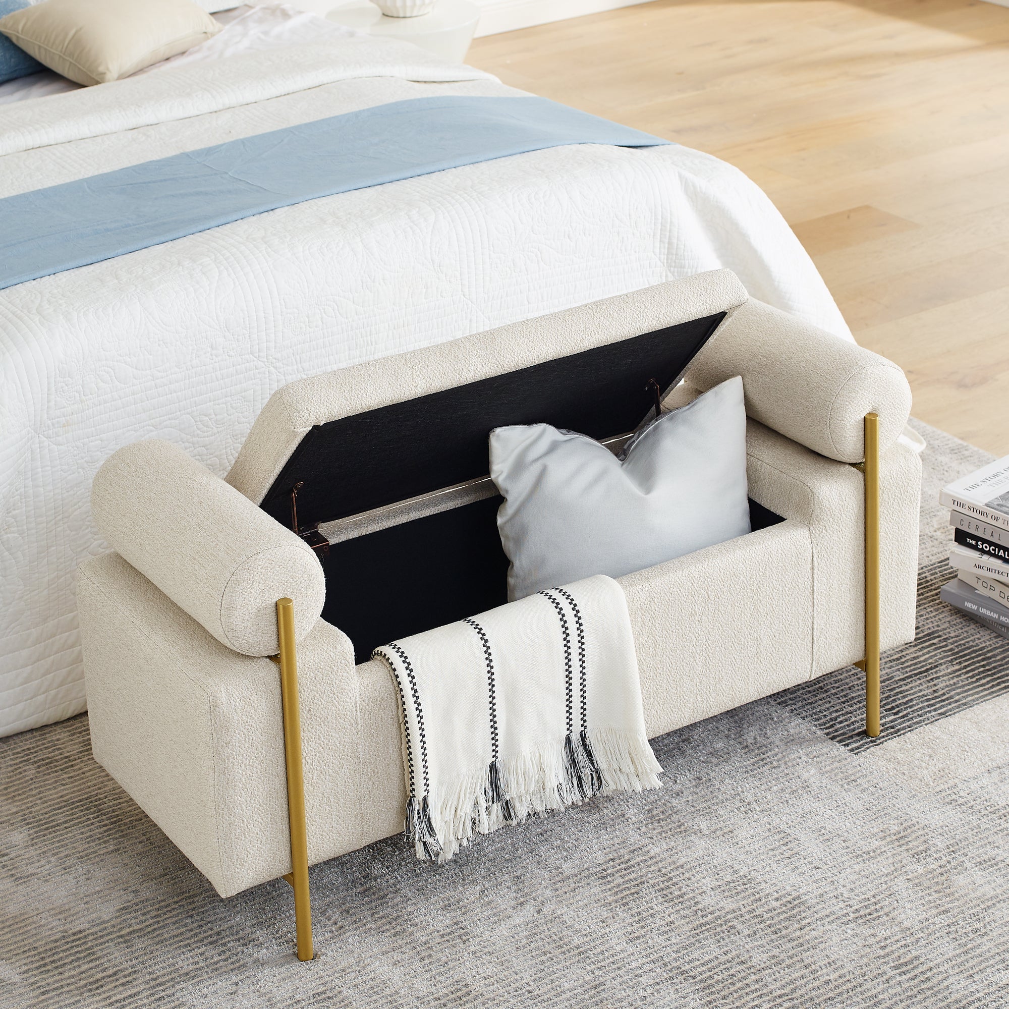 Upholstered Beige Linen Storage Bench with Cylindrical Arms and Iron Legs