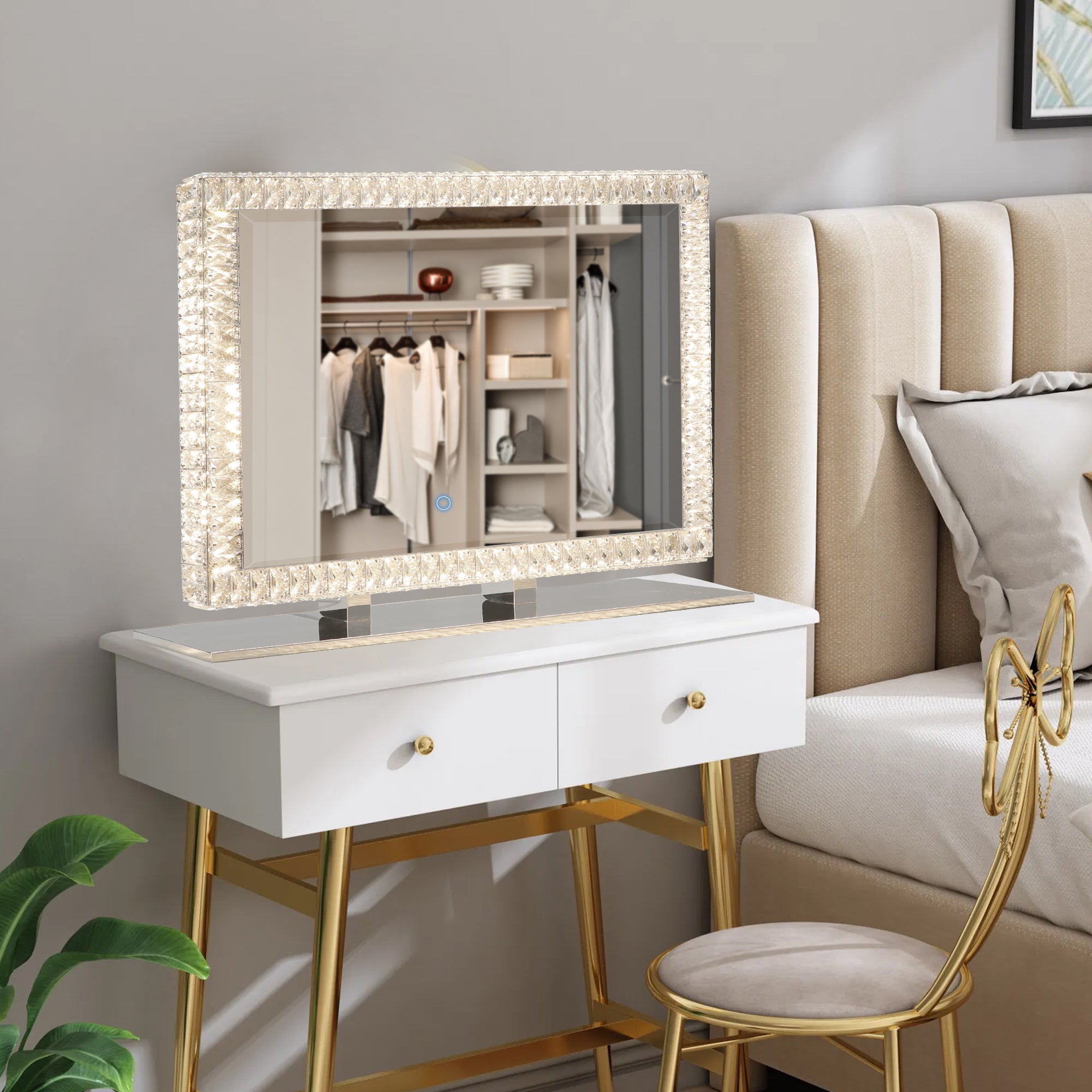 Eden35.43" x 27.56" Luxurious LED Mirror with Crystal Frame and Touch Control Dimmable Lights