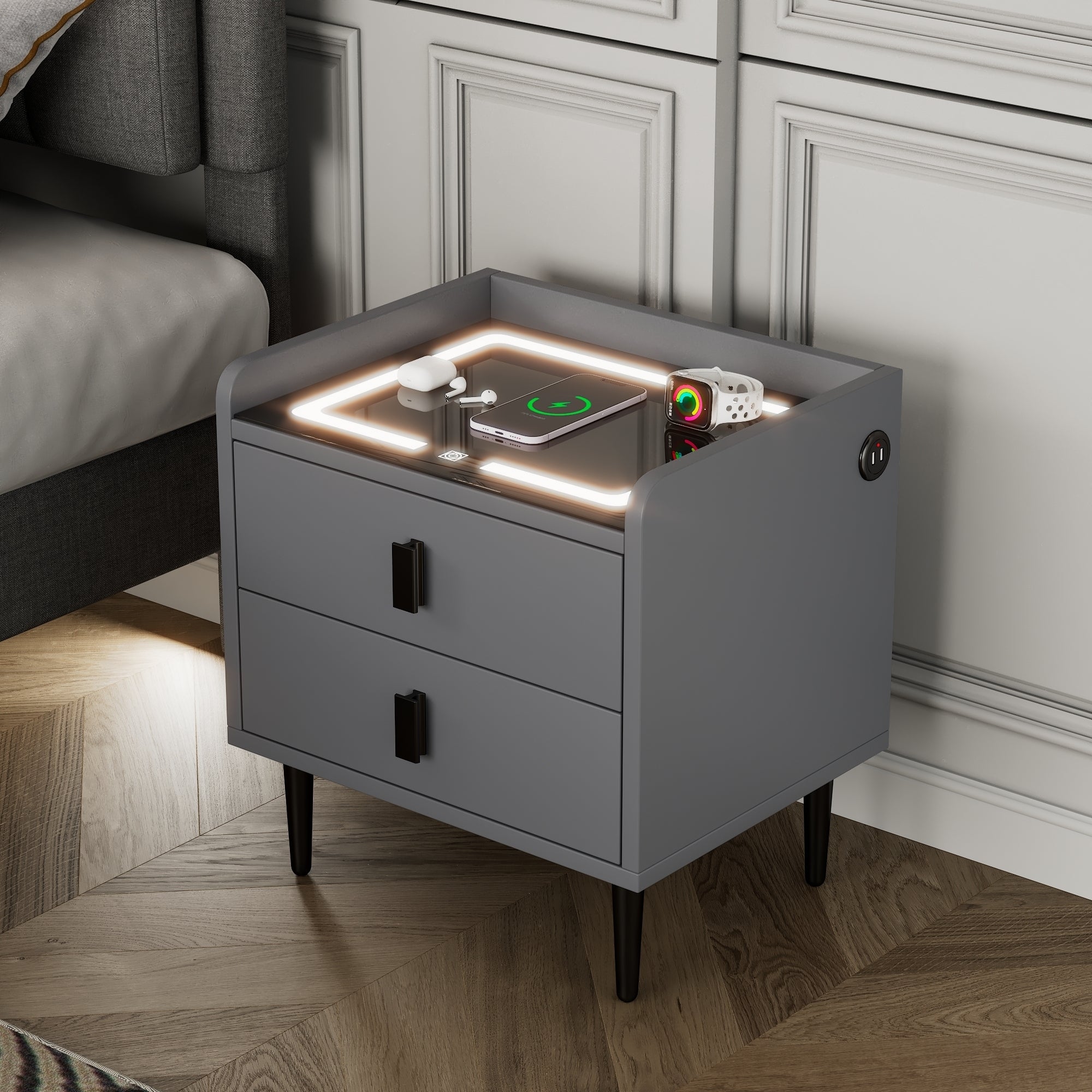 Gray Nightstand with Wireless Charging Glass Top and USB Port LED Lights