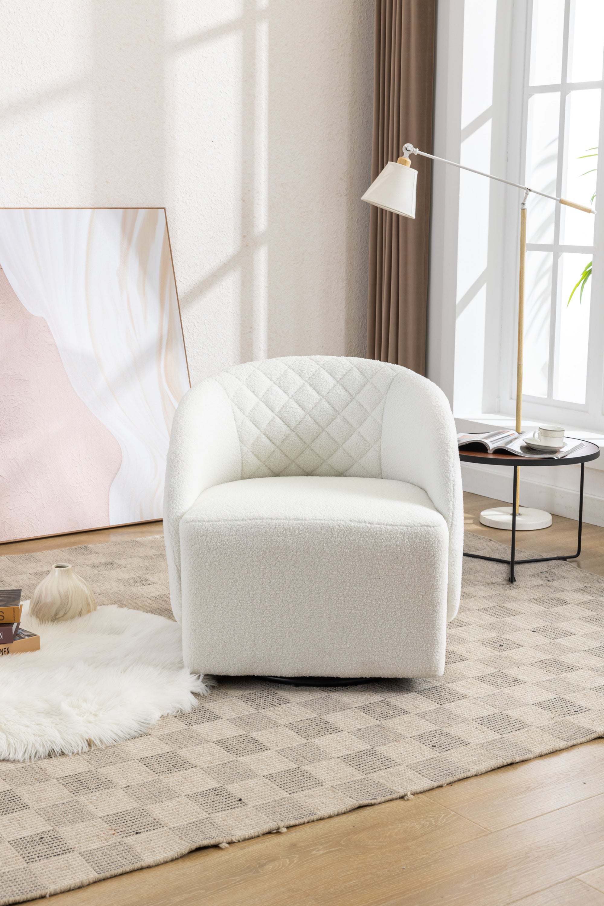 White Boucle Fabric Swivel Accent Barrel Chair