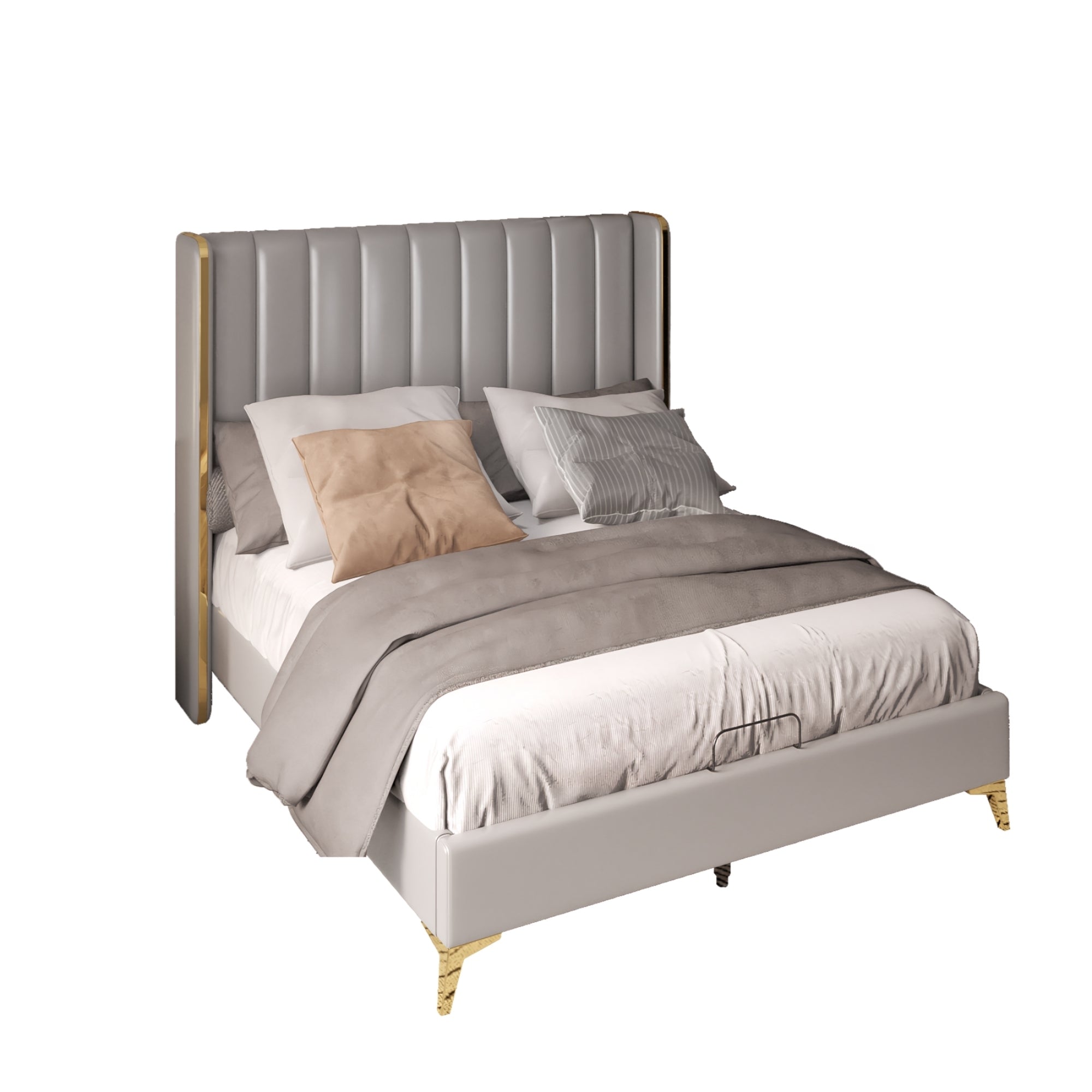 Cindy Queen 56" Tall Headboard Channel Tufted Upholstered Platform Bed, Light Gray Faux Leather
