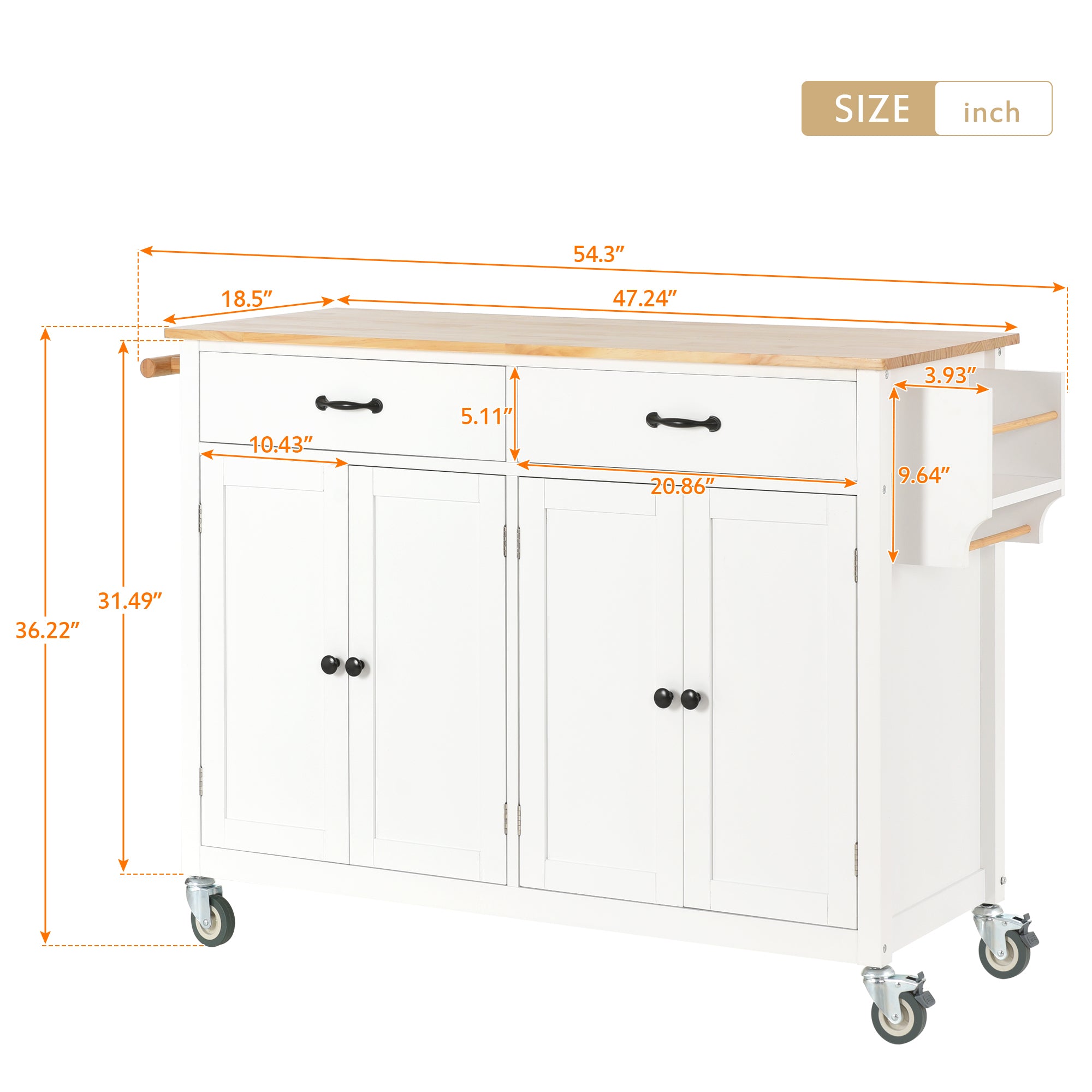54.33" White Kitchen Island Cart with Solid Wood Top and Locking Wheels