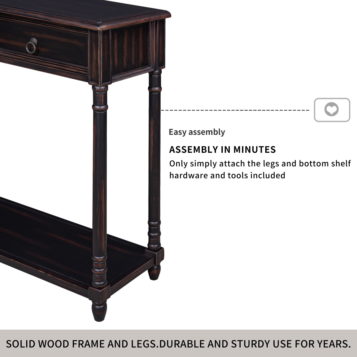 51" Console Table with Storage and Shelf, Sofa Table, accent cabinet, distressed black finish