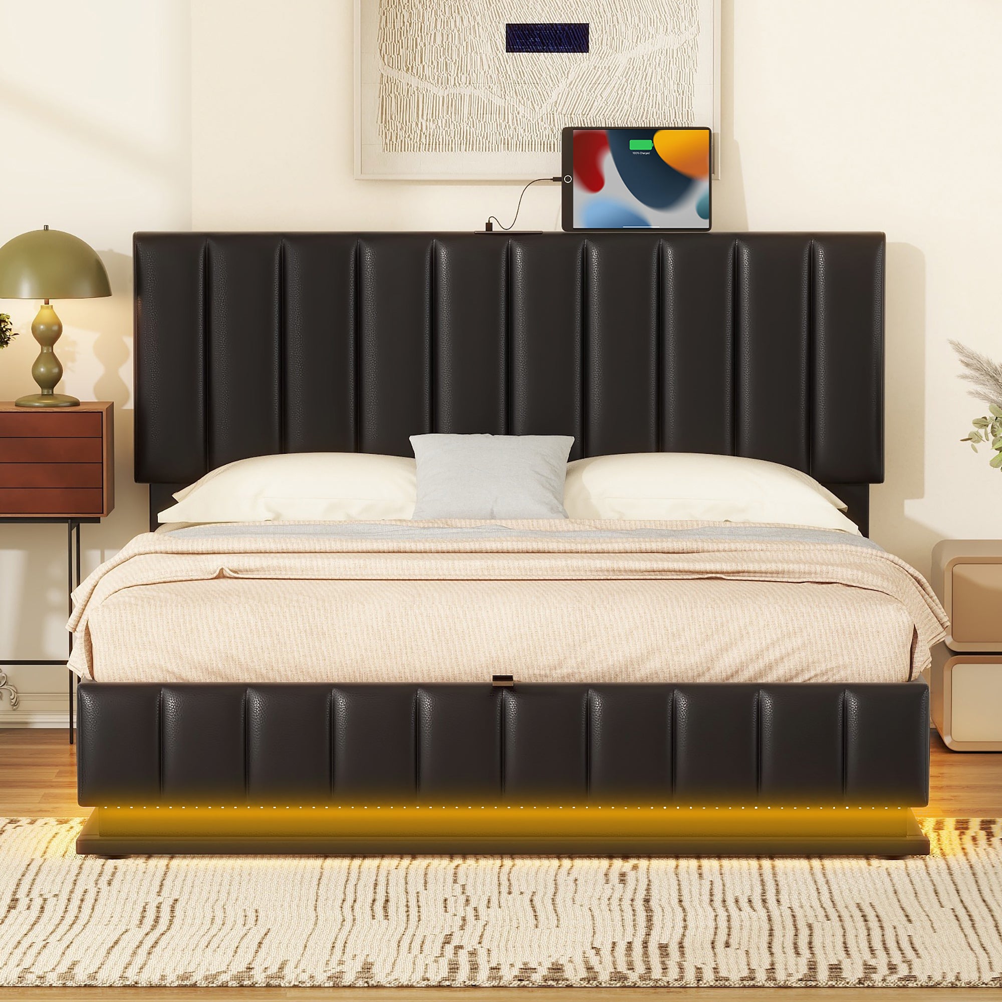 Skylar Black Faux Leather Queen Platform Bed with Hydraulic Storage System and LED Light, Modern Platform Bed with Sockets and USB Ports