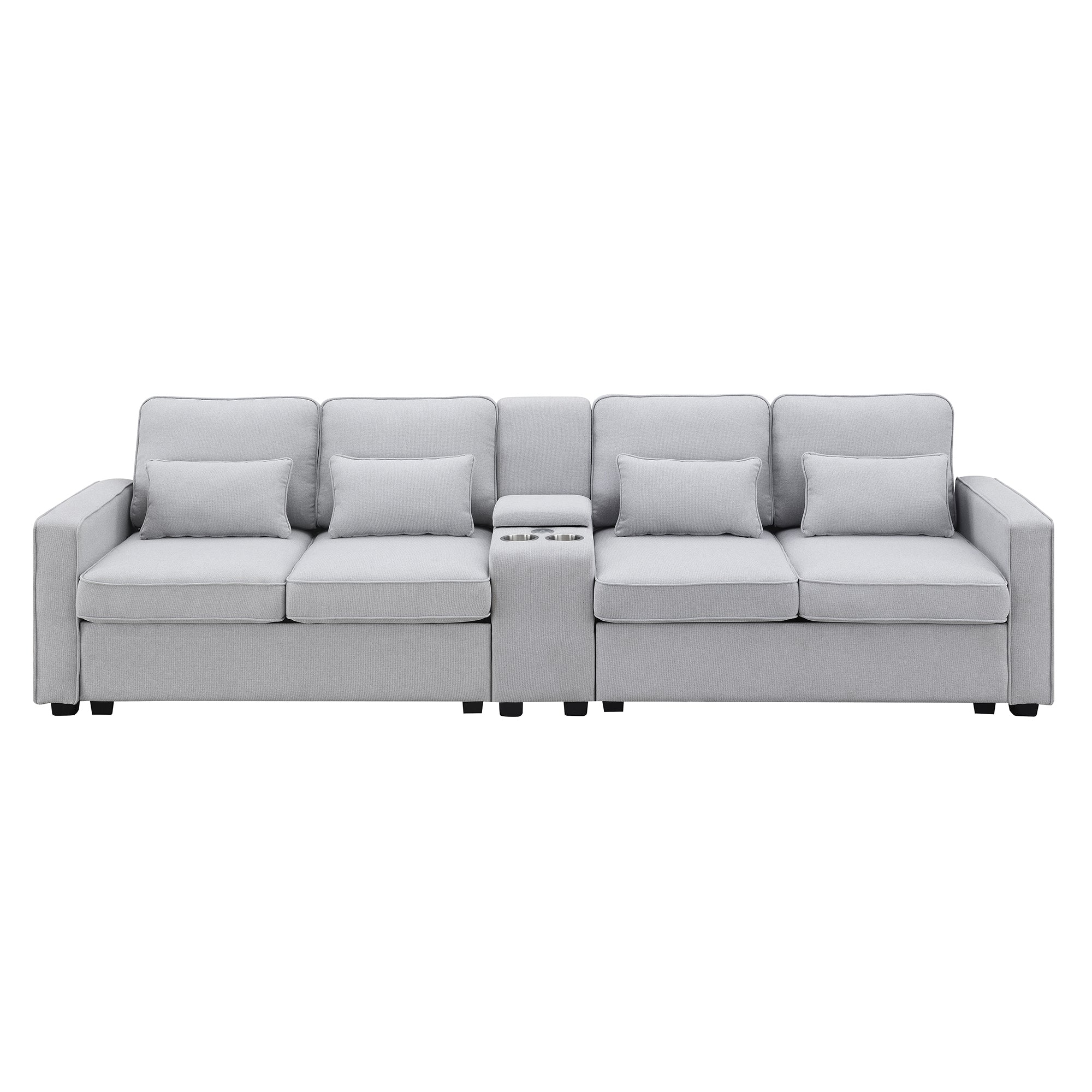 Clint 114.2" Linen 4 Seater Sofa with Console, 2 Cupholders and 2 USB Ports Wired or Wirelessly Charged