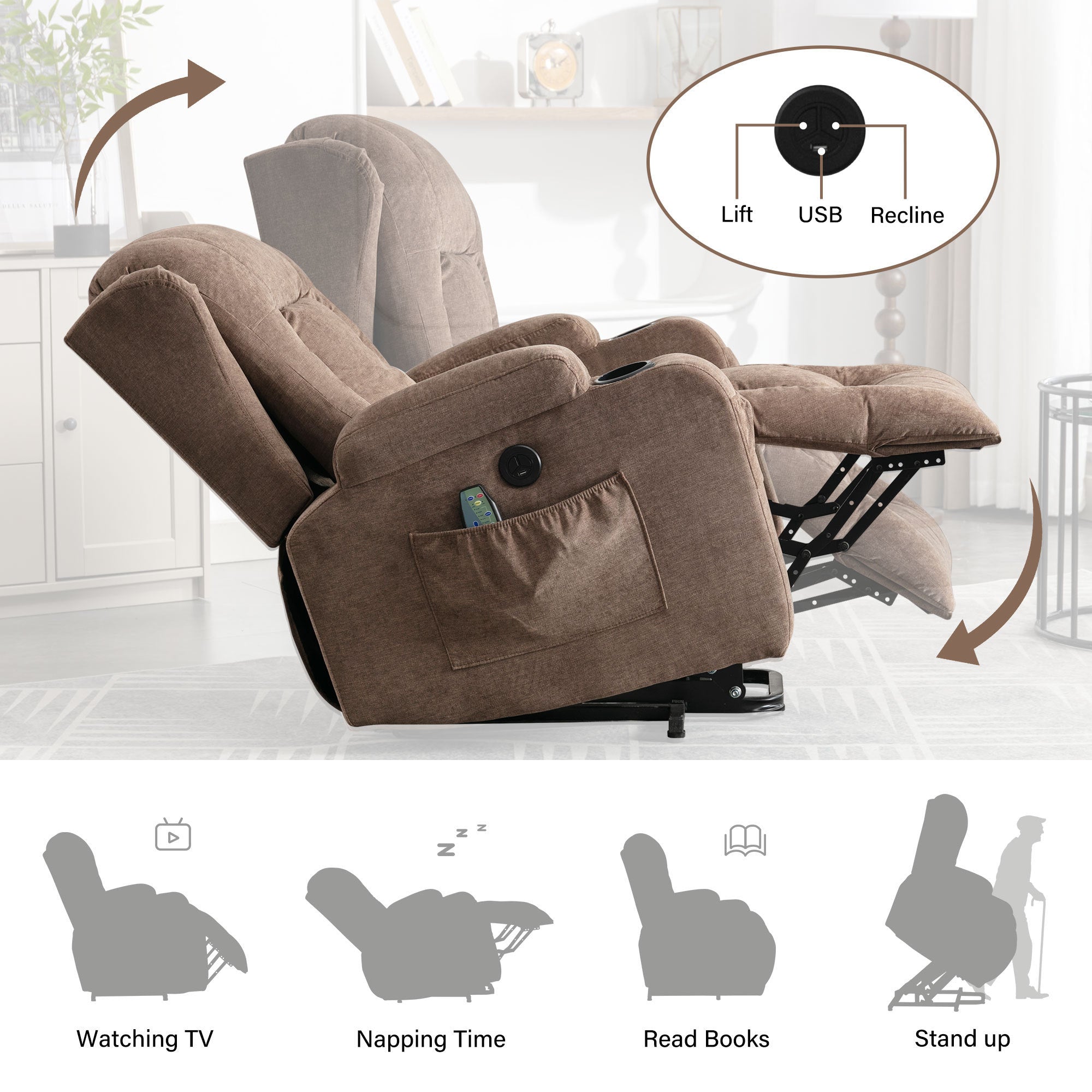 Russell Power Lift Recliner Chair With Heat and Massage, USB Charge Port and Side Pocket