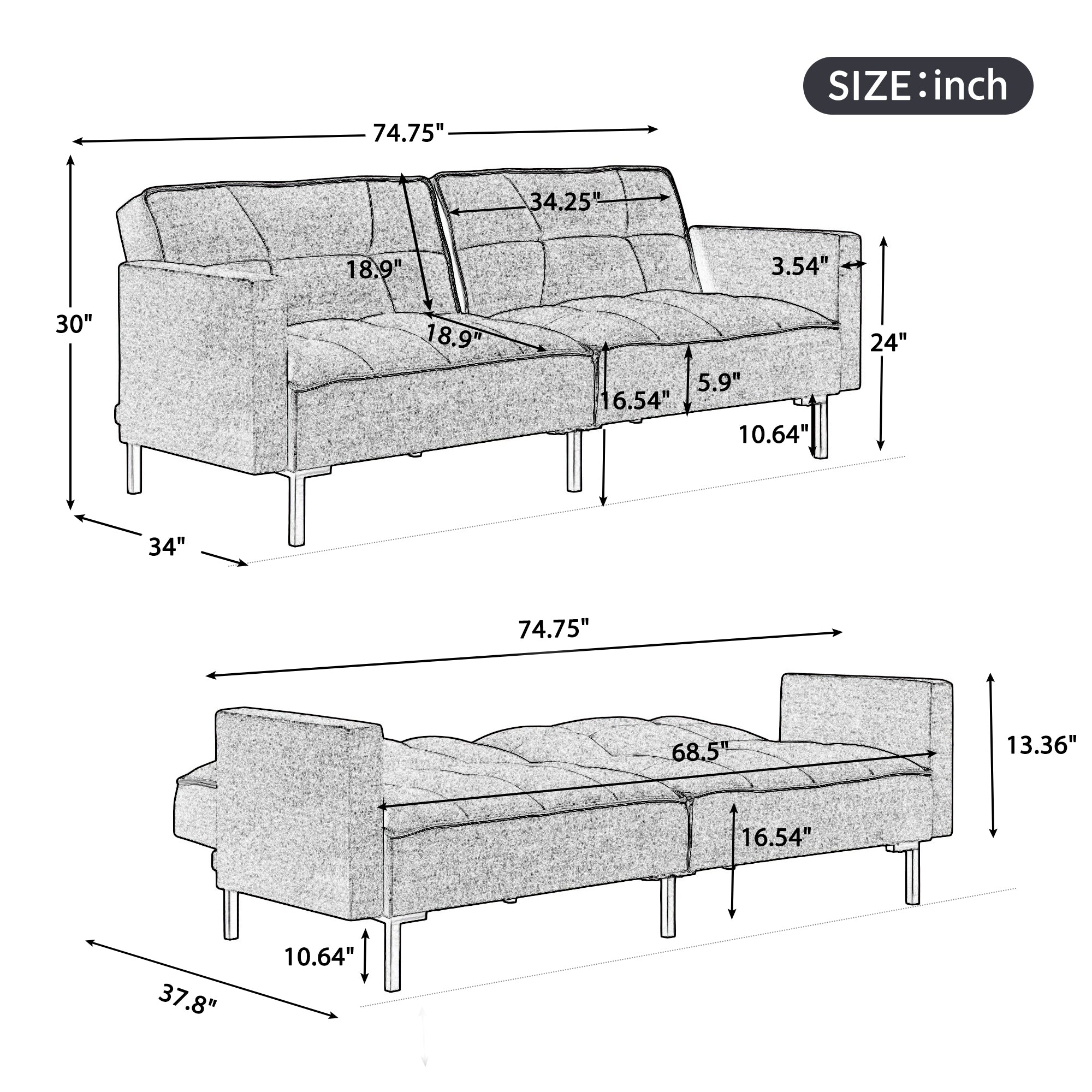 74.8"  Linen Upholstered Modern Convertible Folding Futon Sofa Bed