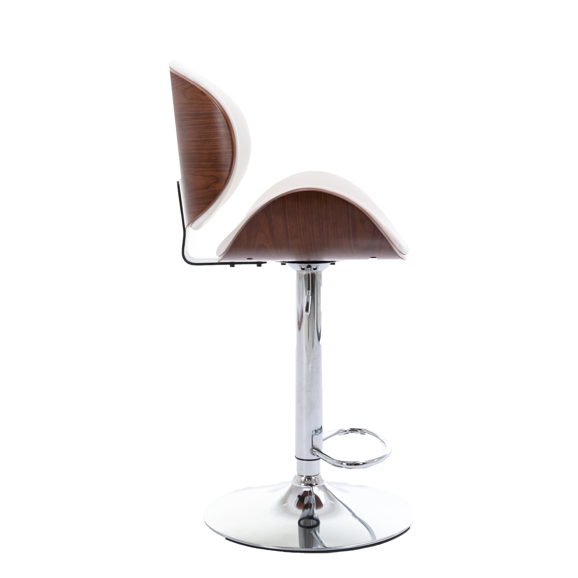 Set of 2 Modern Swivel Adjustable Barstools with Walnut Curved Back and White Faux Leather