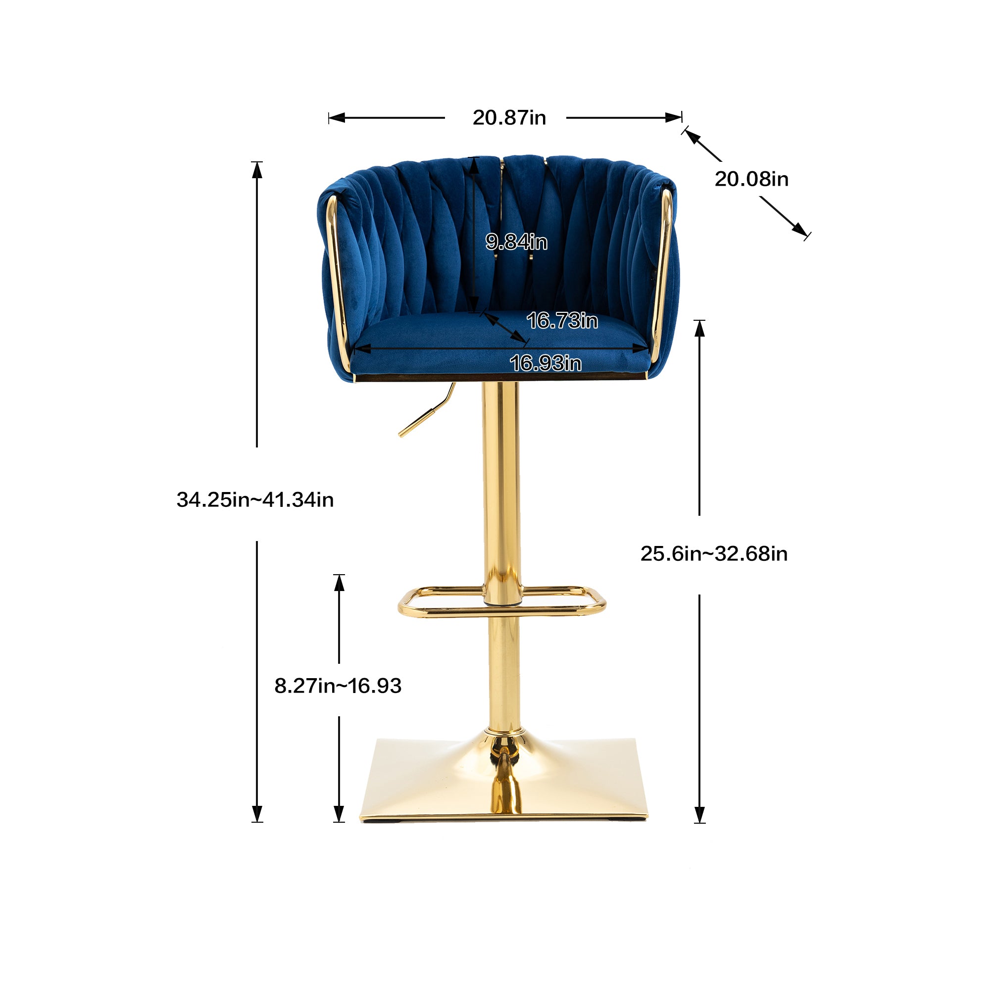 Set of 2 Luxury Velvet Modern Swivel Adjustable Height Barstools with Gold finish legs