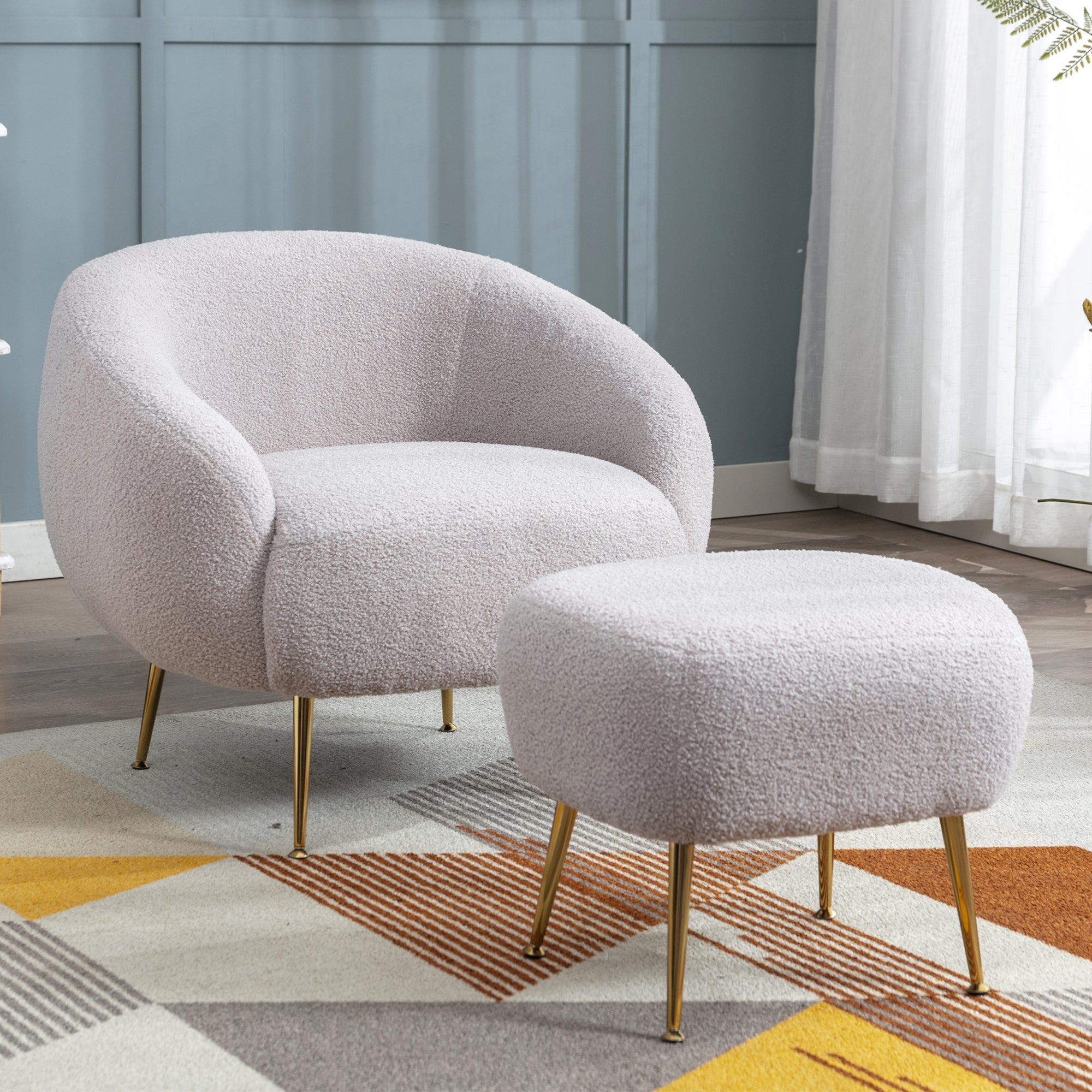 Elise Boucle Modern Barrel Accent Chair with Ottoman