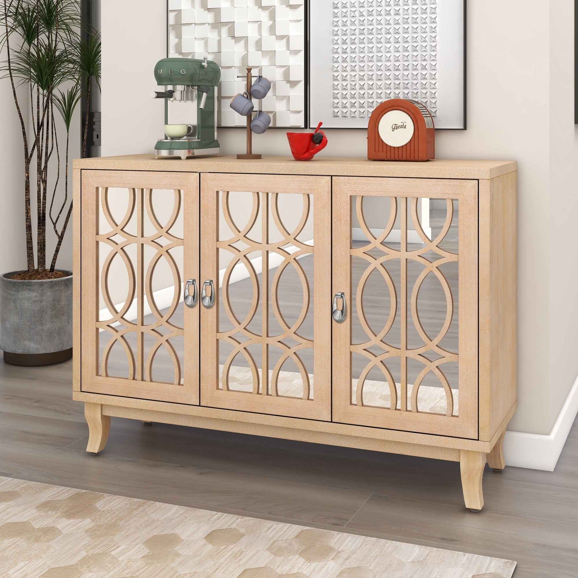 47" Accent Console Table Sideboard with Mirrored Door, Natural Wood wash color