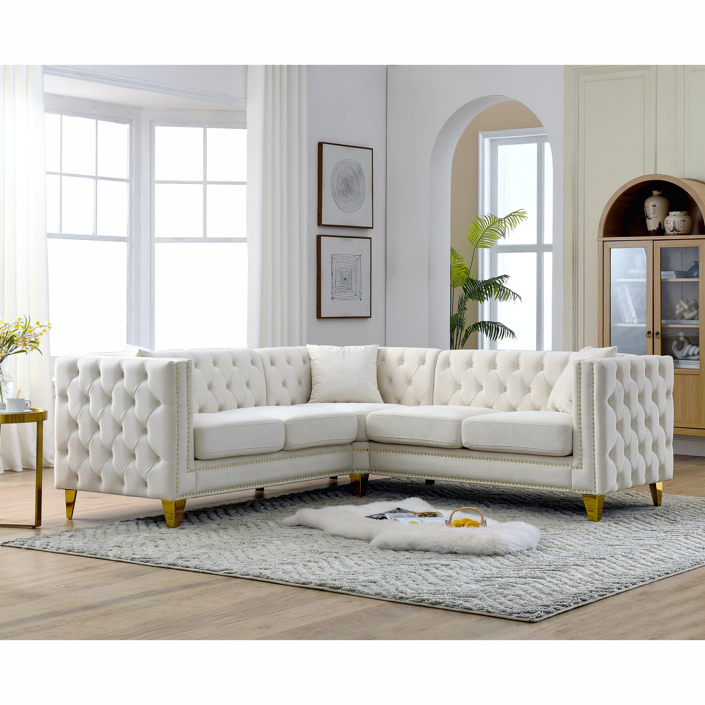 Finley Luxury beige Velvet L-Shaped Sectional Sofa With Golden Metal Legs and Nailhead Trim