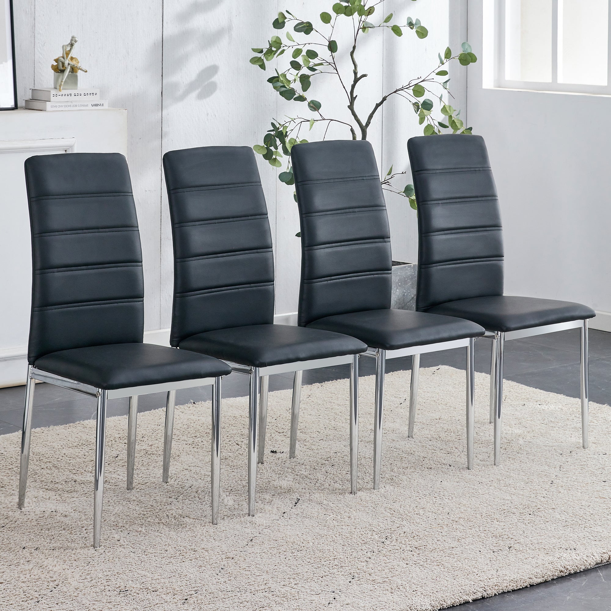 Set of 4 Pieces Black Faux Leather Dining Chair with Chromed Legs