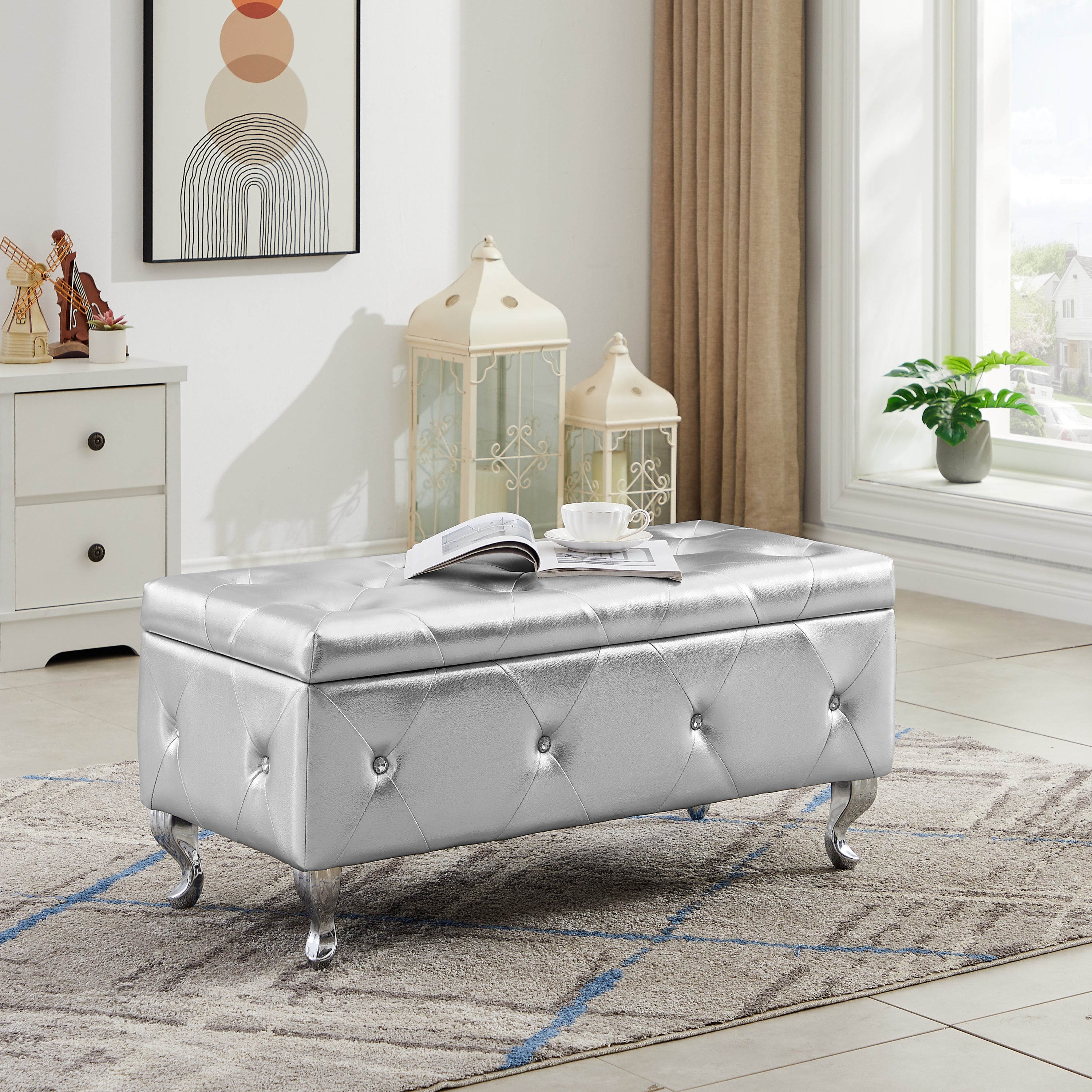 Metallic Silver Faux Leather Storage Ottoman Tufted with Faux Crystals and Chrome Legs