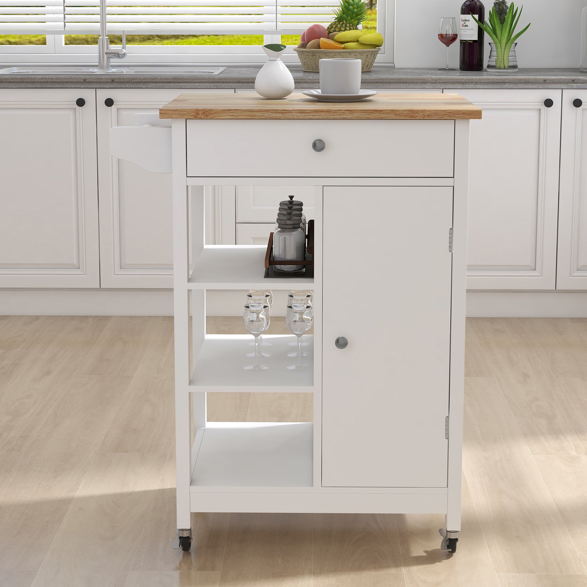 Small Space Kitchen Rolling Cart with Towel Rack and Solid Wood Top
