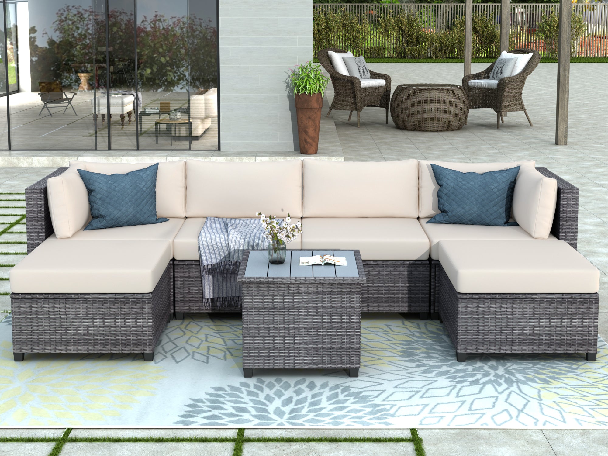Biscayne 7-Pieces Modular Outdoor Patio Sectional with Coffee Table 