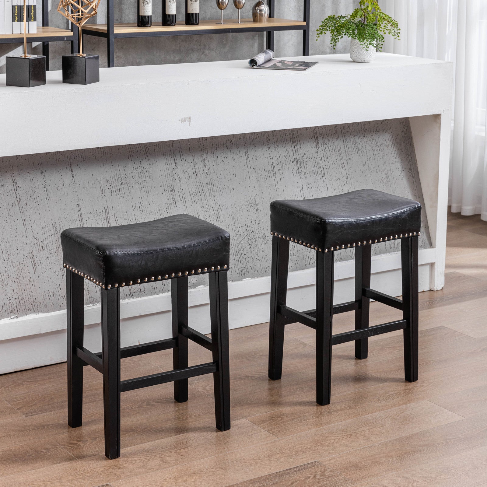 26" Set of 2 Black Faux Leather Counter Stools with Wood Legs