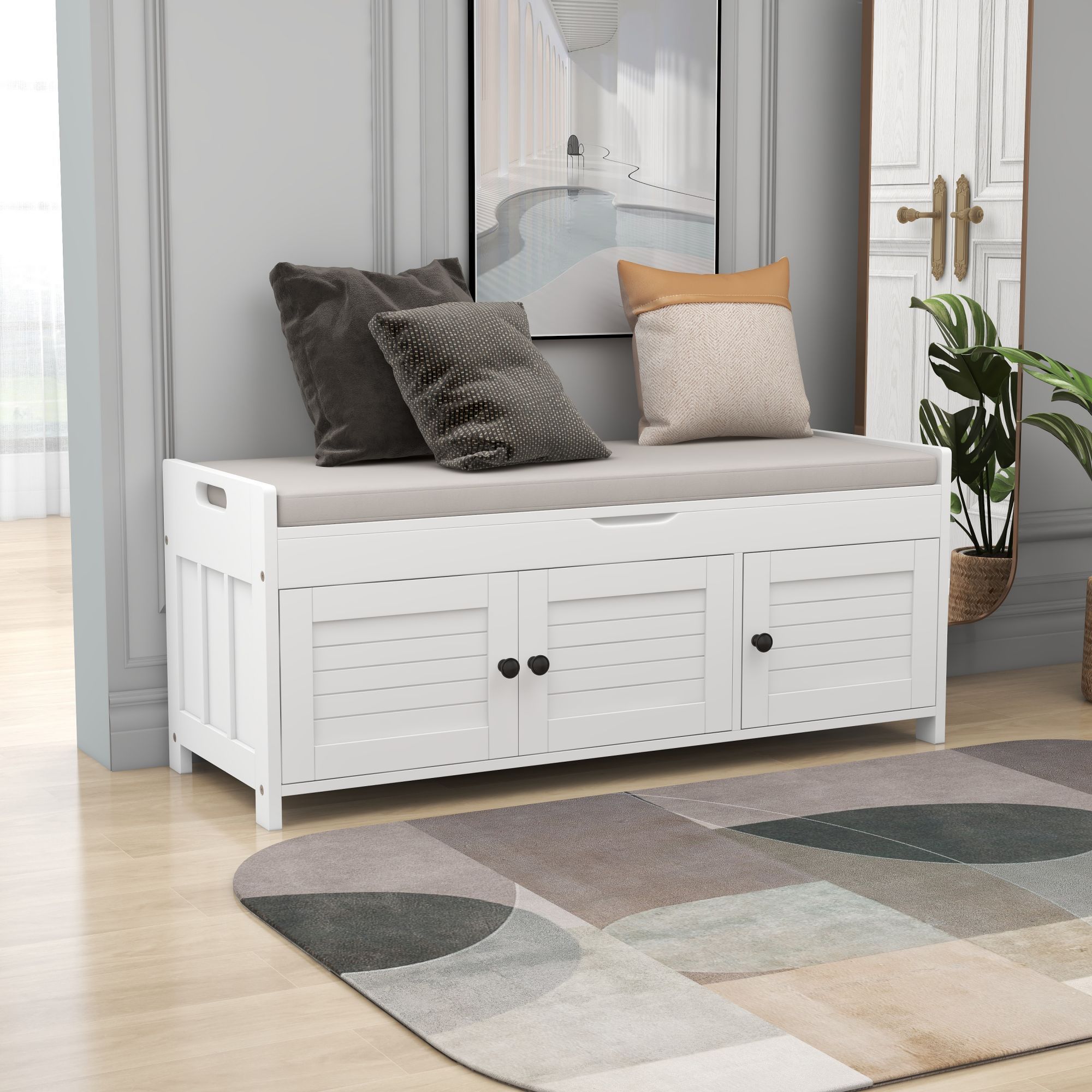 White Entryway Storage Bench with 3 Shutter-shaped Doors and Seat Cushion