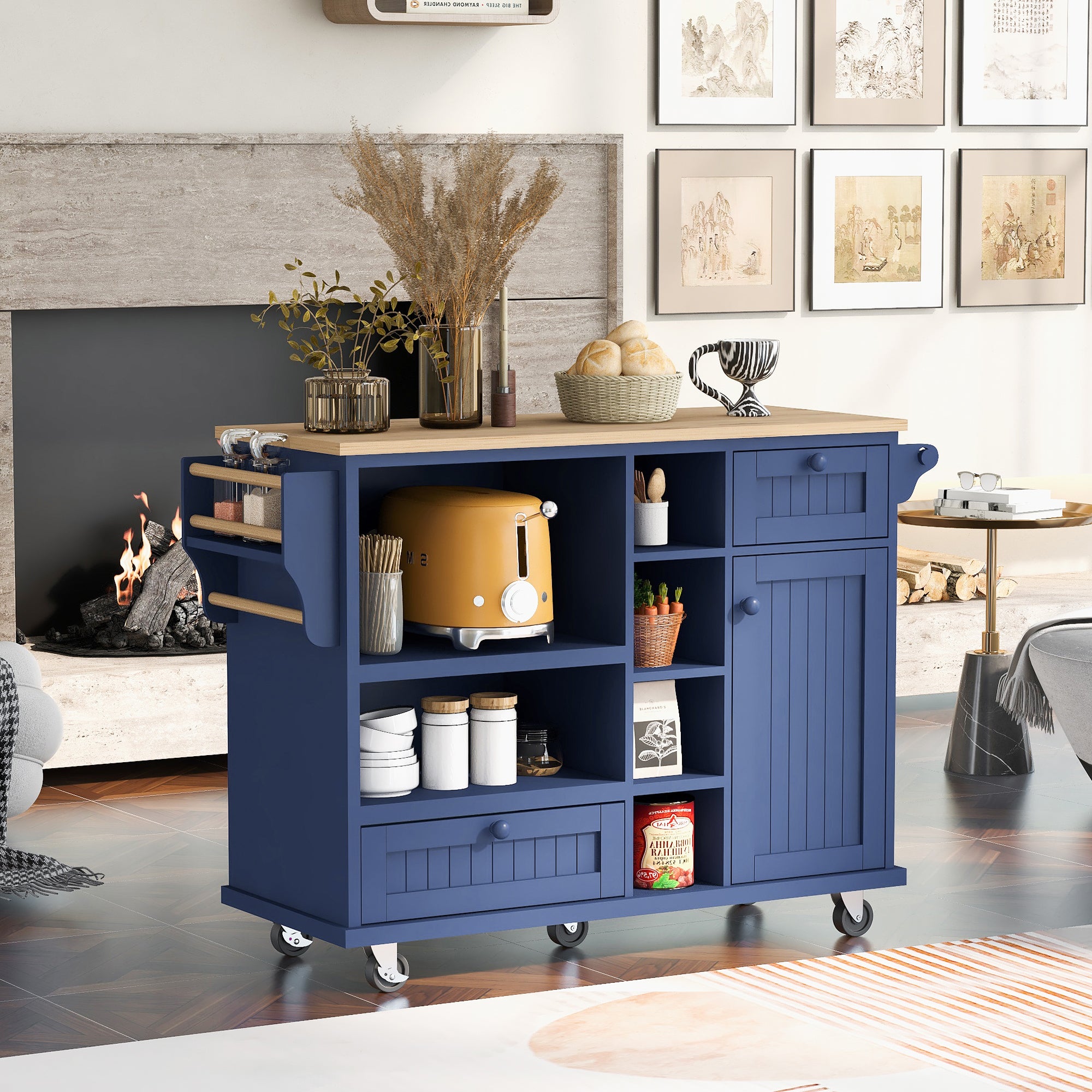 50.80" Dark Blue Rolling Kitchen Cart with Solid Wood Top