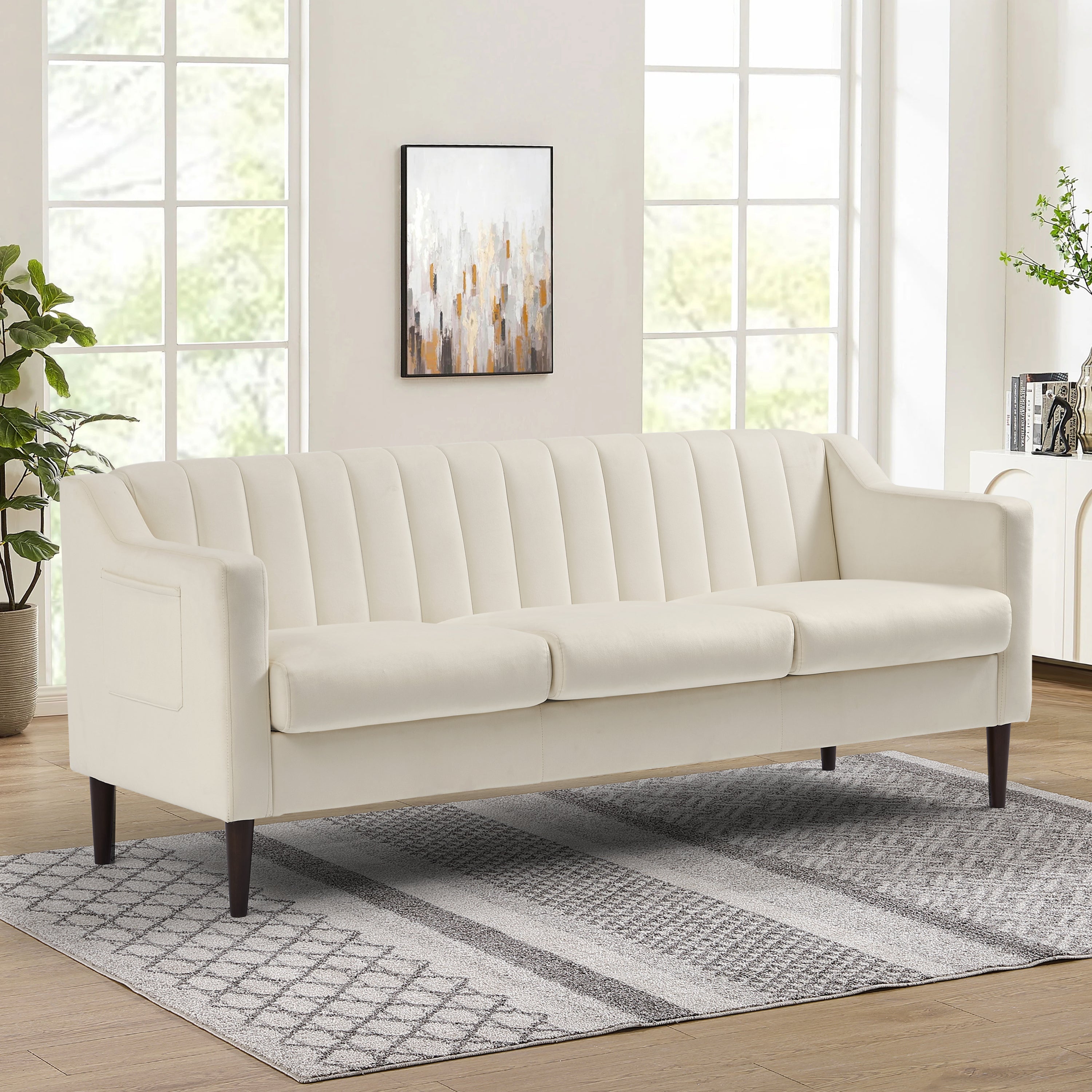 77" off white Velvet Upholstered Modern Sofa with Channel Tufted Back