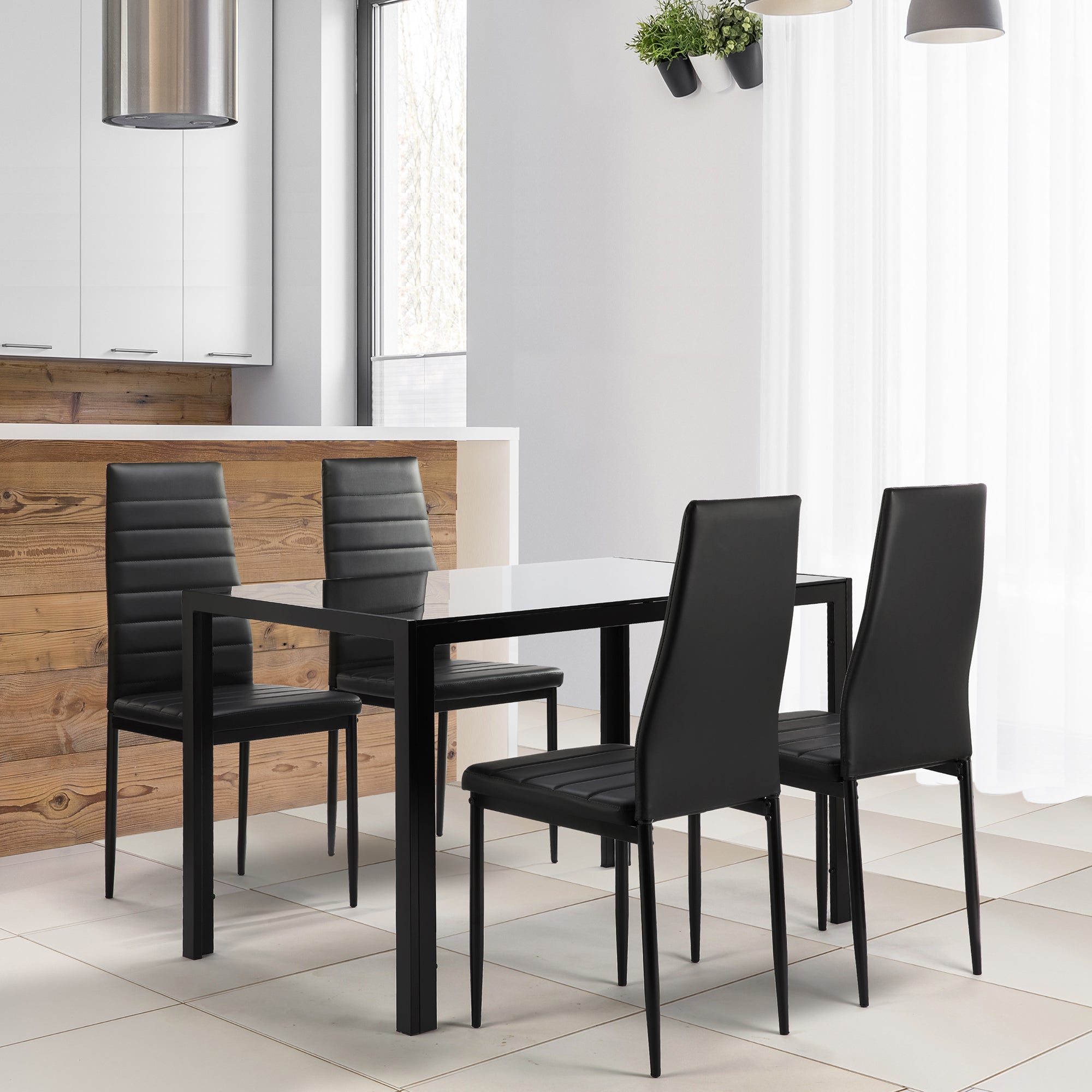 Capri 5 Piece Dining Set, Black Tempered Glass Table and 4 Black upholstered Chairs