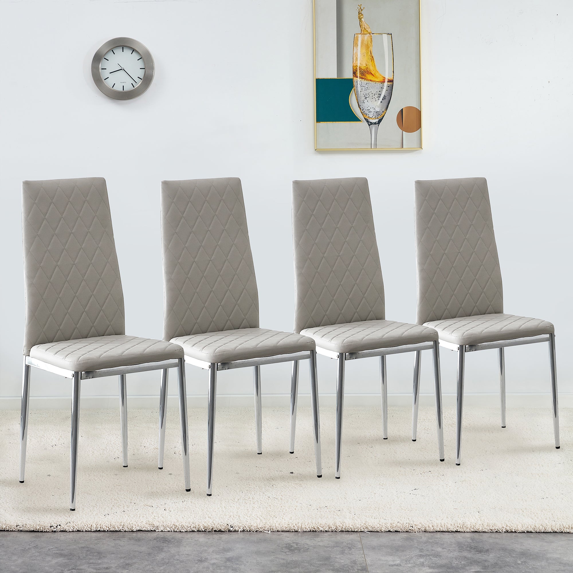 Set of 4Pc Modern Light Gray Faux Leather Dining chairs with Chromed Legs