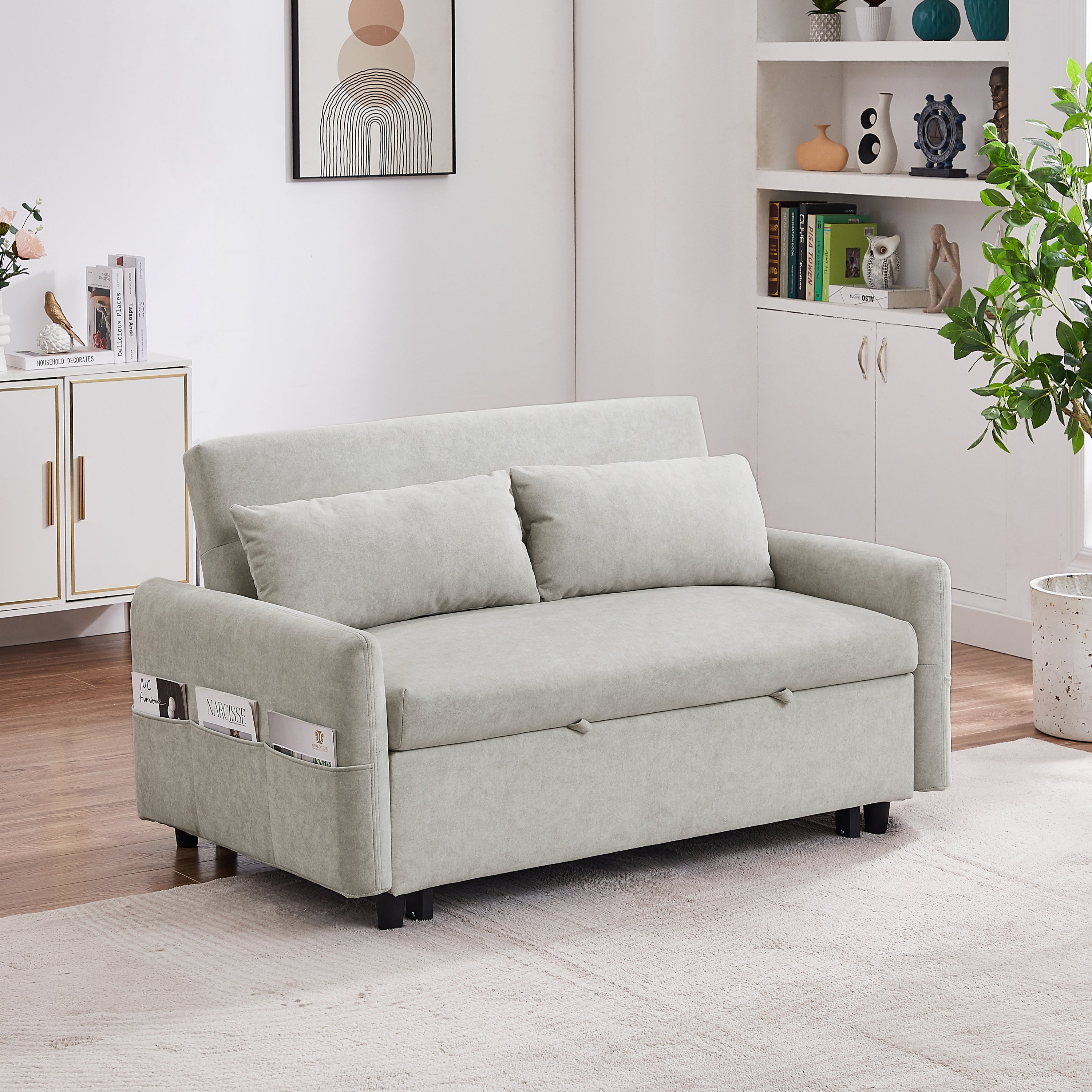 Mikas 55" beige Micofiber Pull Out Sleep Sofa Bed with USB Ports and Storage Pockets