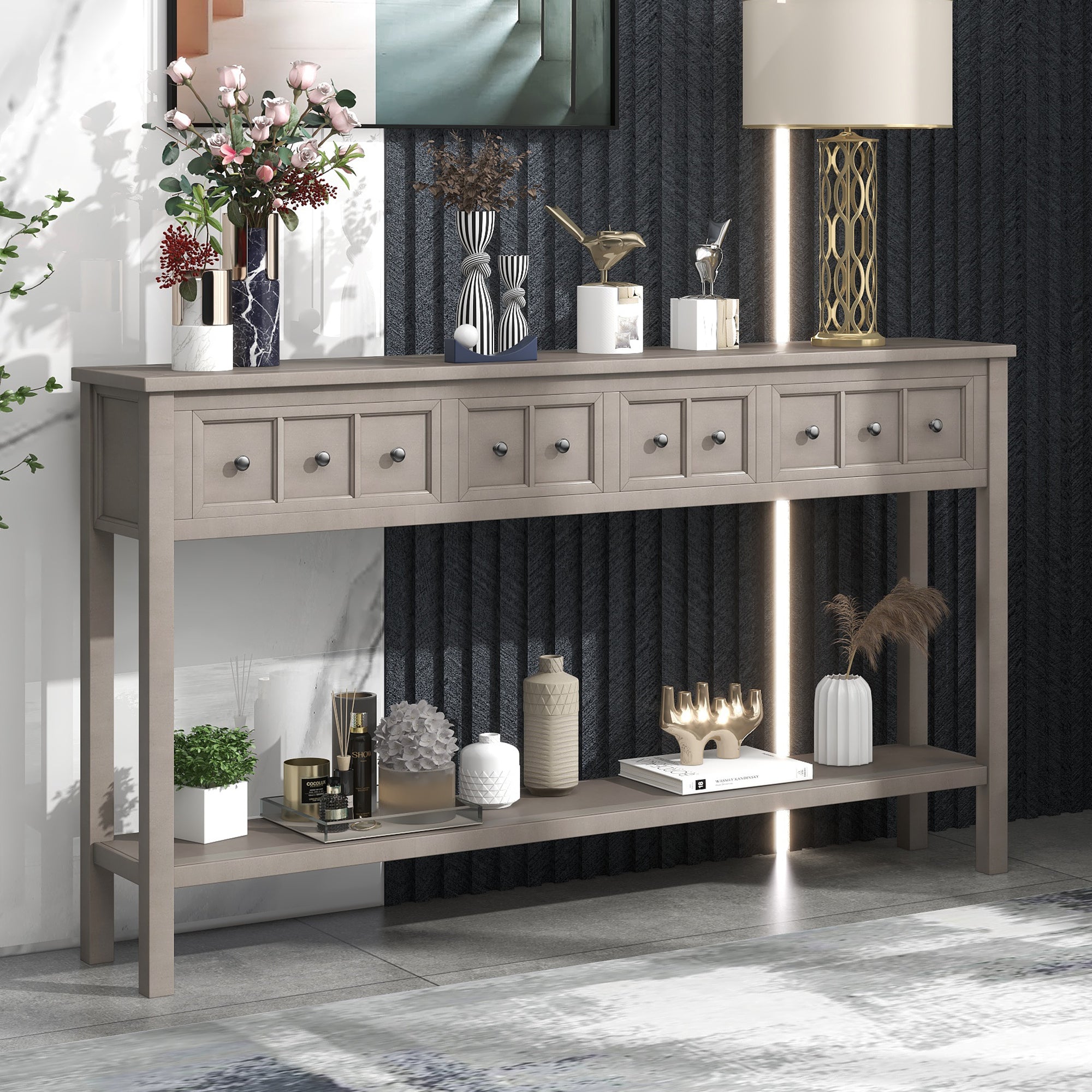 Hugh 60" gray wash Entryway Accent Cabinet Console Table Sideboard with Storage