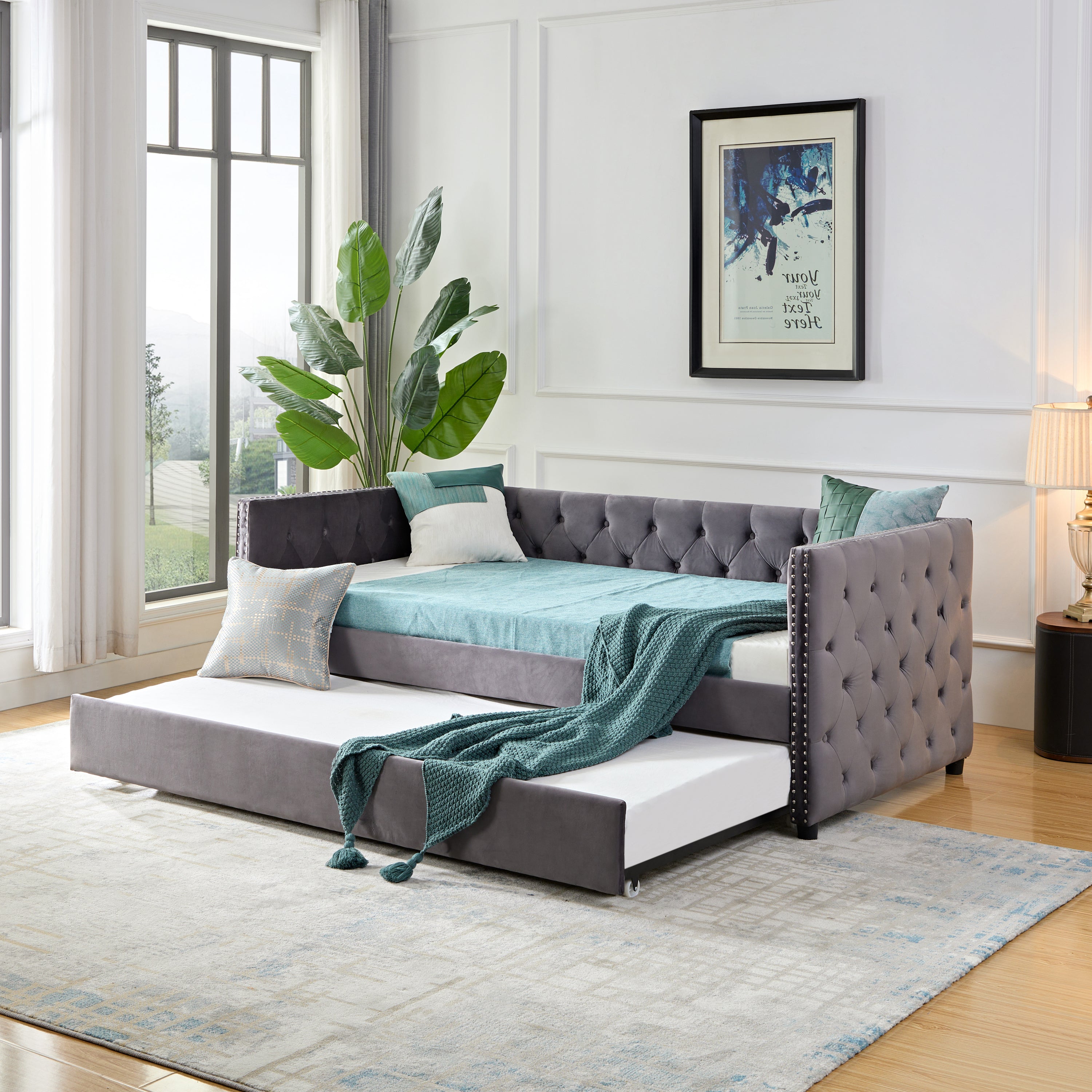Elena Gray Velvet Twin Daybed with Trundle 