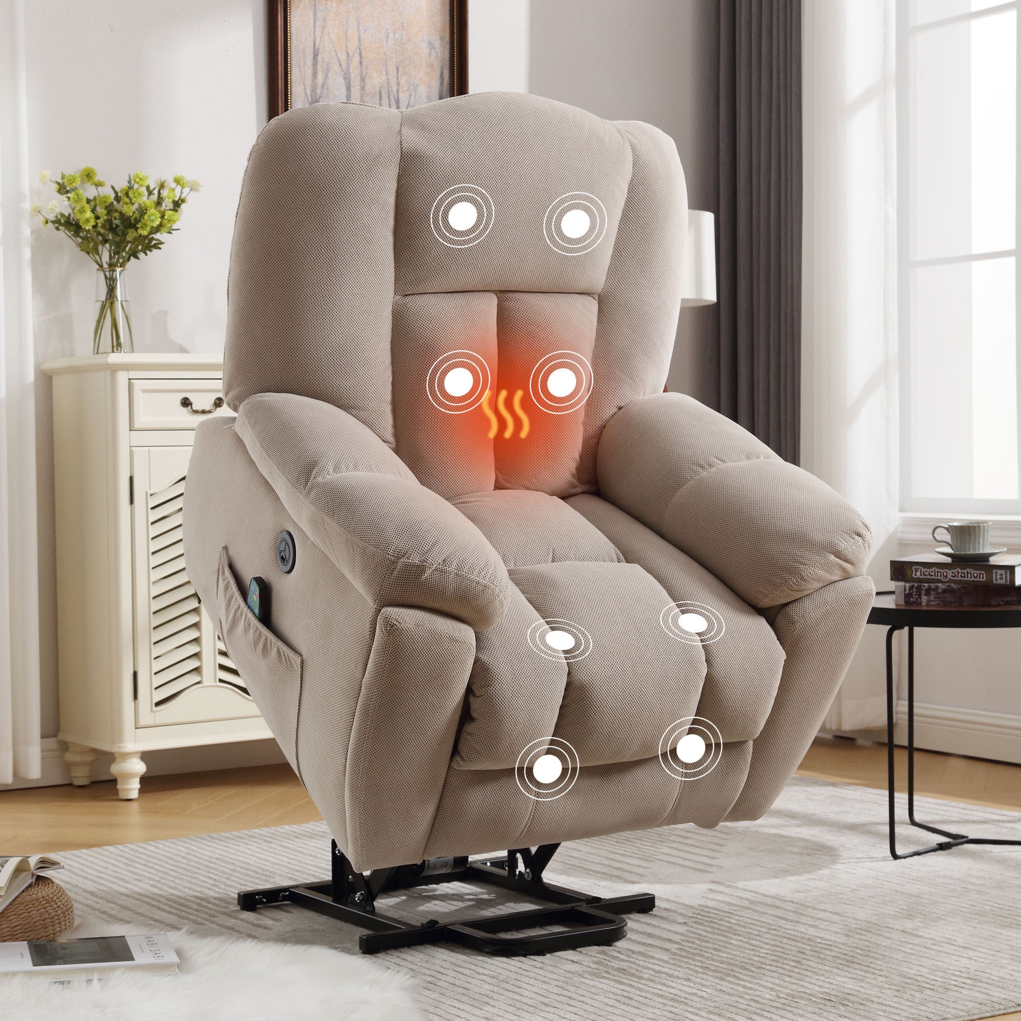 Jackson beige Fabric Power Lift Recliner Chair With Massage and Heat USB charge Port
