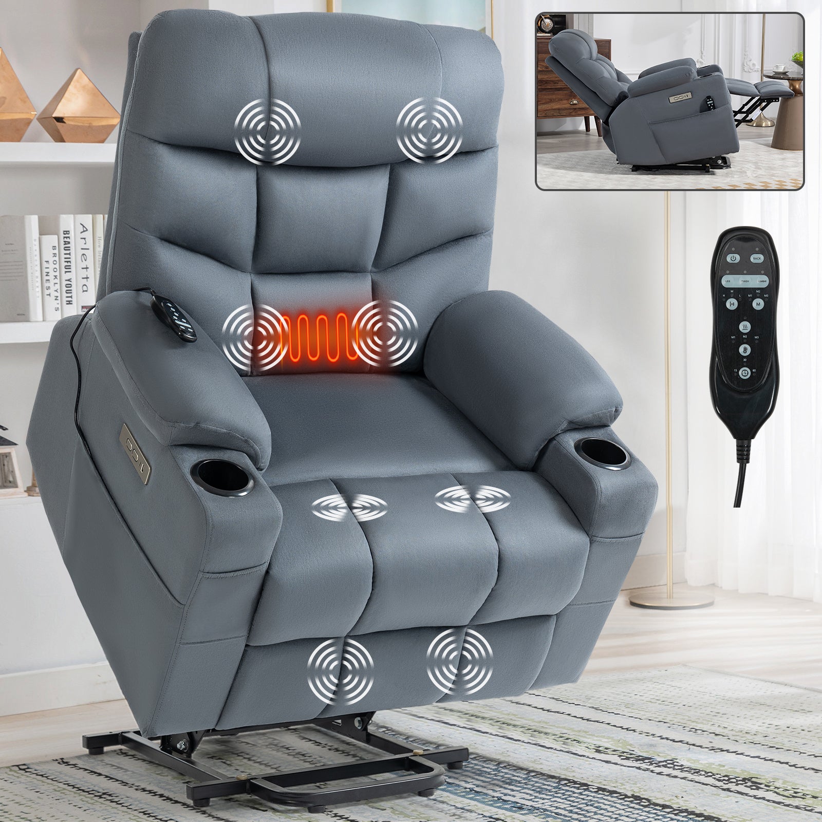 Mason dark gray Suede Power Lift Recliner with Massage and Heating, USB Charge Ports and Cup Holder