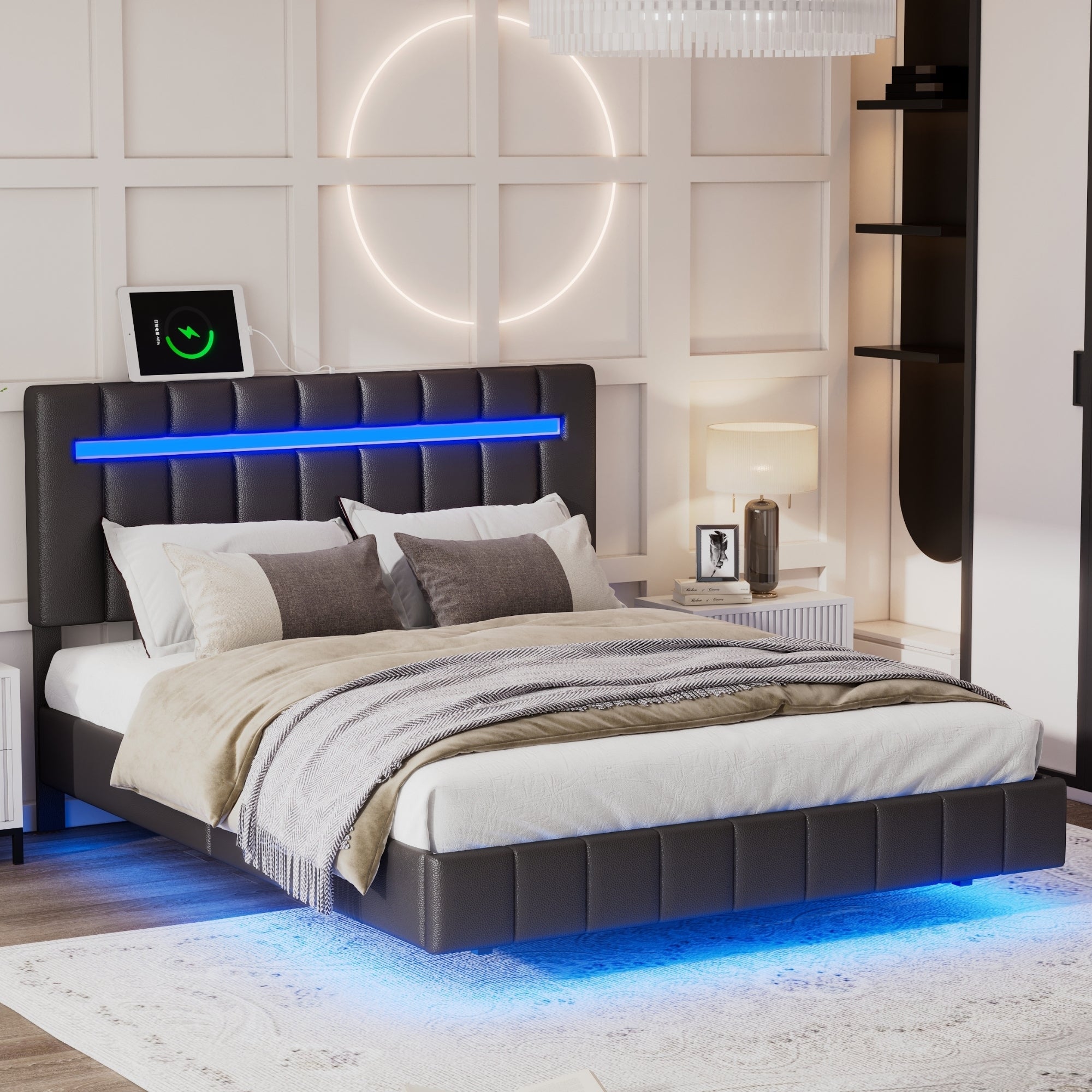 Lazio Full Size black Faux Leather Floating Platform Bed with LED Lights and USB Charging