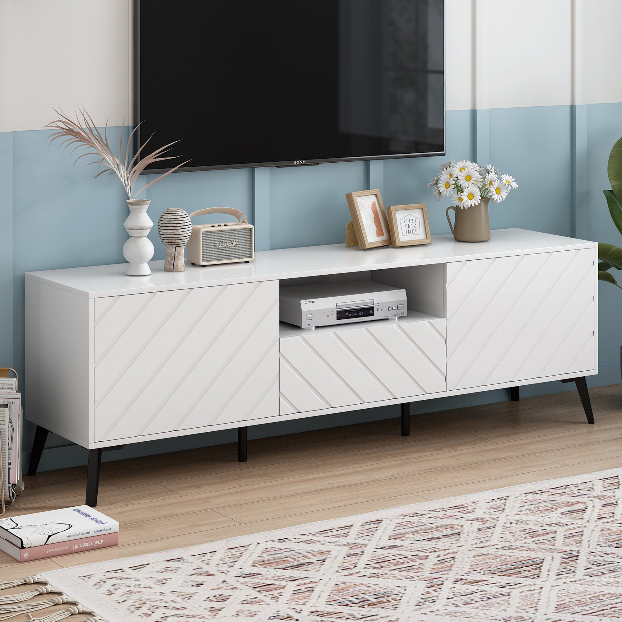 66.90" White Modern TV Stand with Storage Fits TV up to 75"