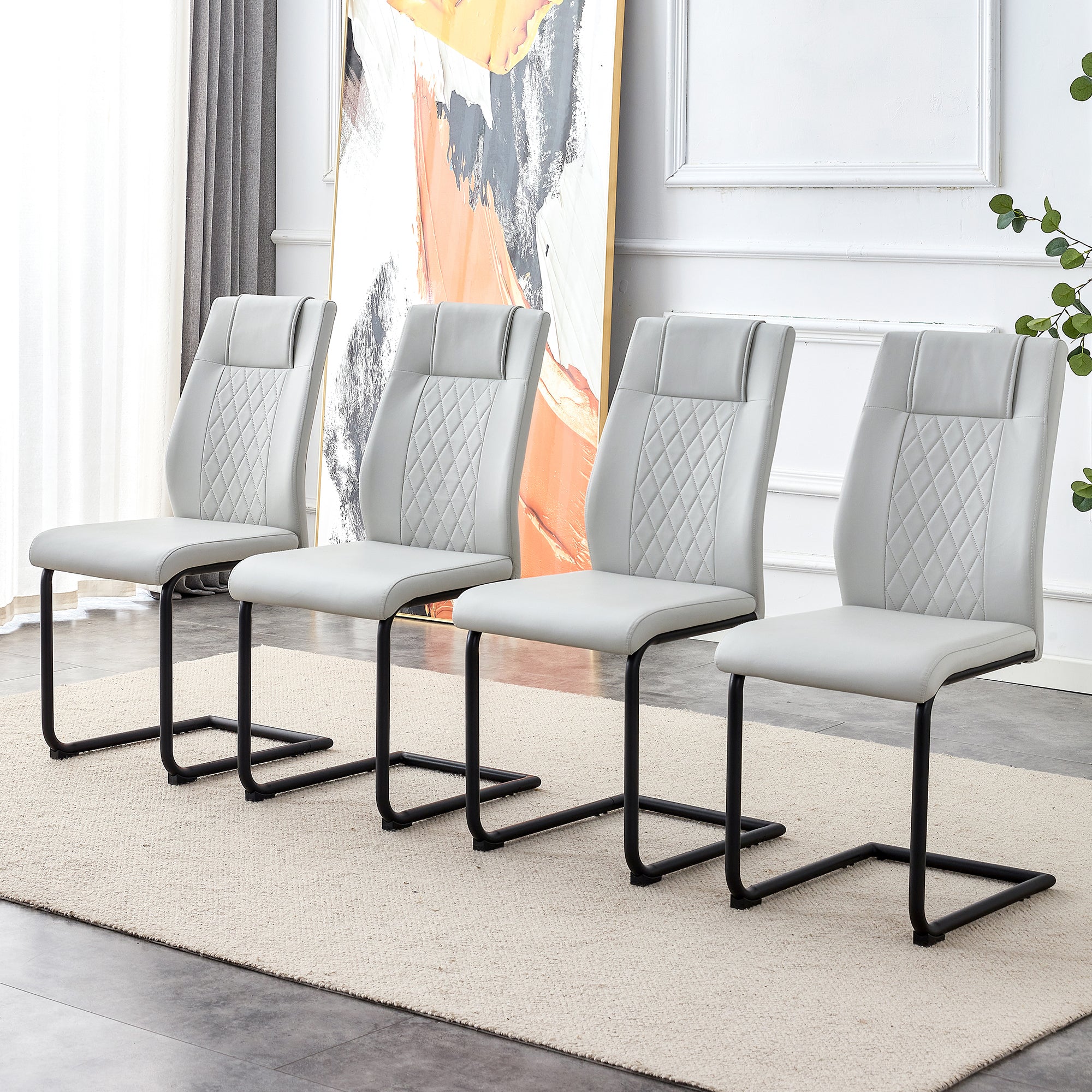 Set of 4 Modern Light Gray Faux Leather Dining Chairs with Black Metal Legs