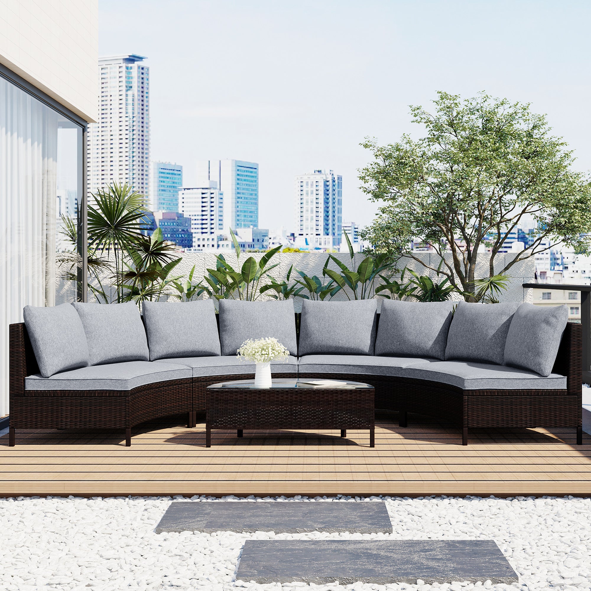 Newport Outdoor Patio Curved Modular Sectional Sofa With Coffee Table