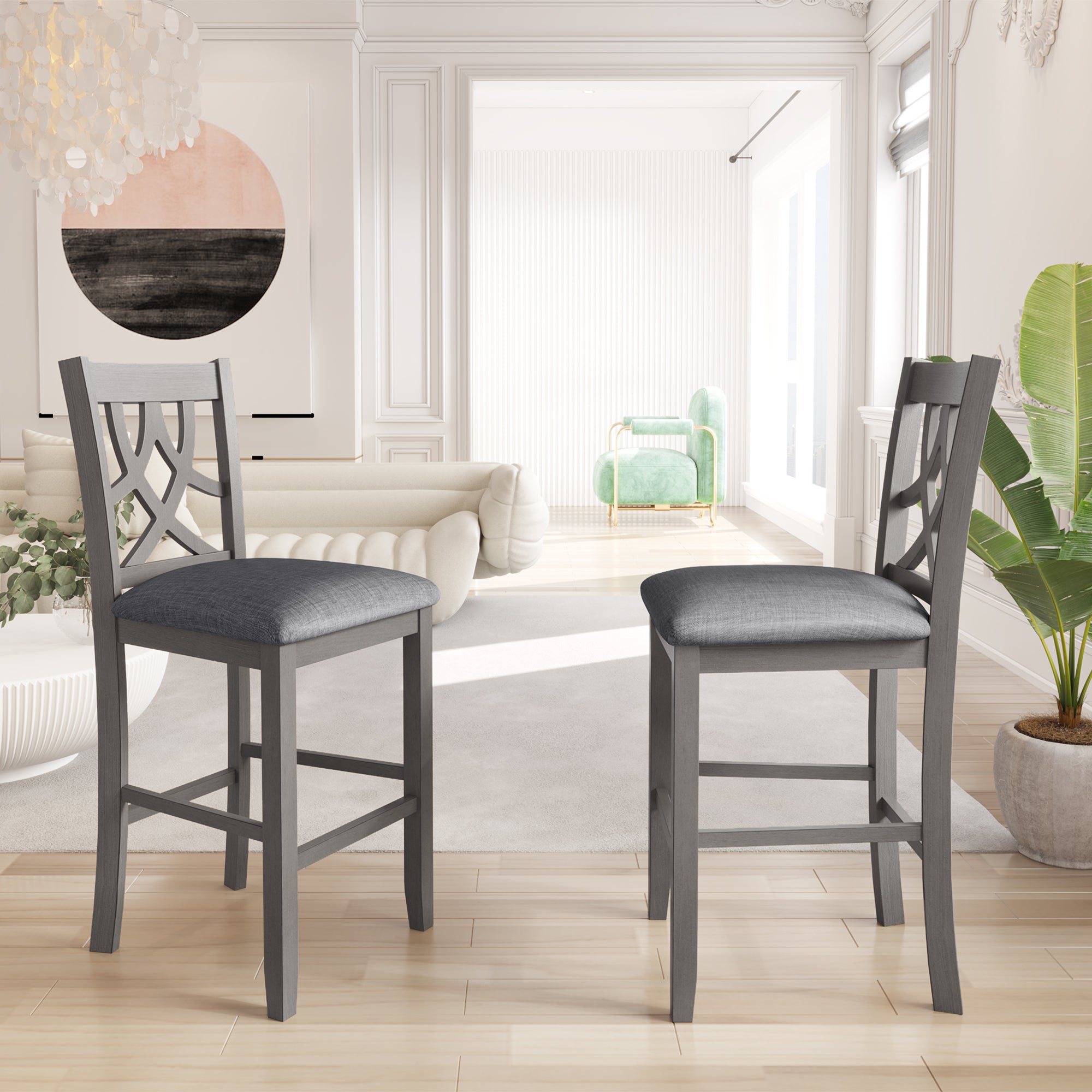 Set of 2 Pieces Gray Solid Wood Counter Height Stools 