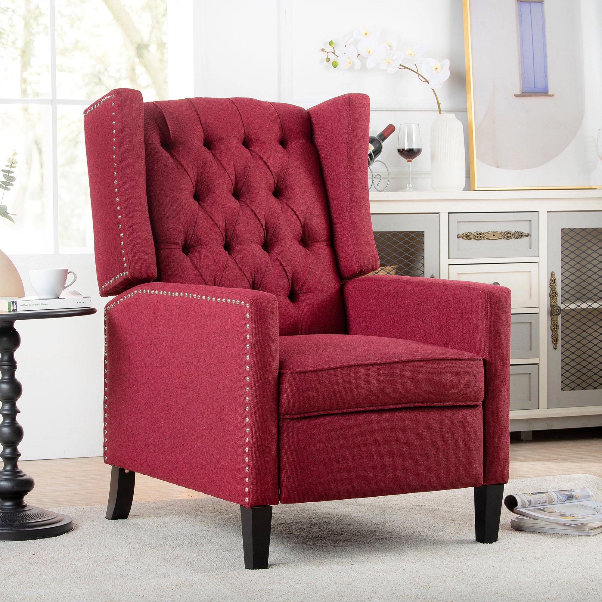Blaine Red Linen Fabric Pushback Recliner Wing Chair With Nailhead Trim