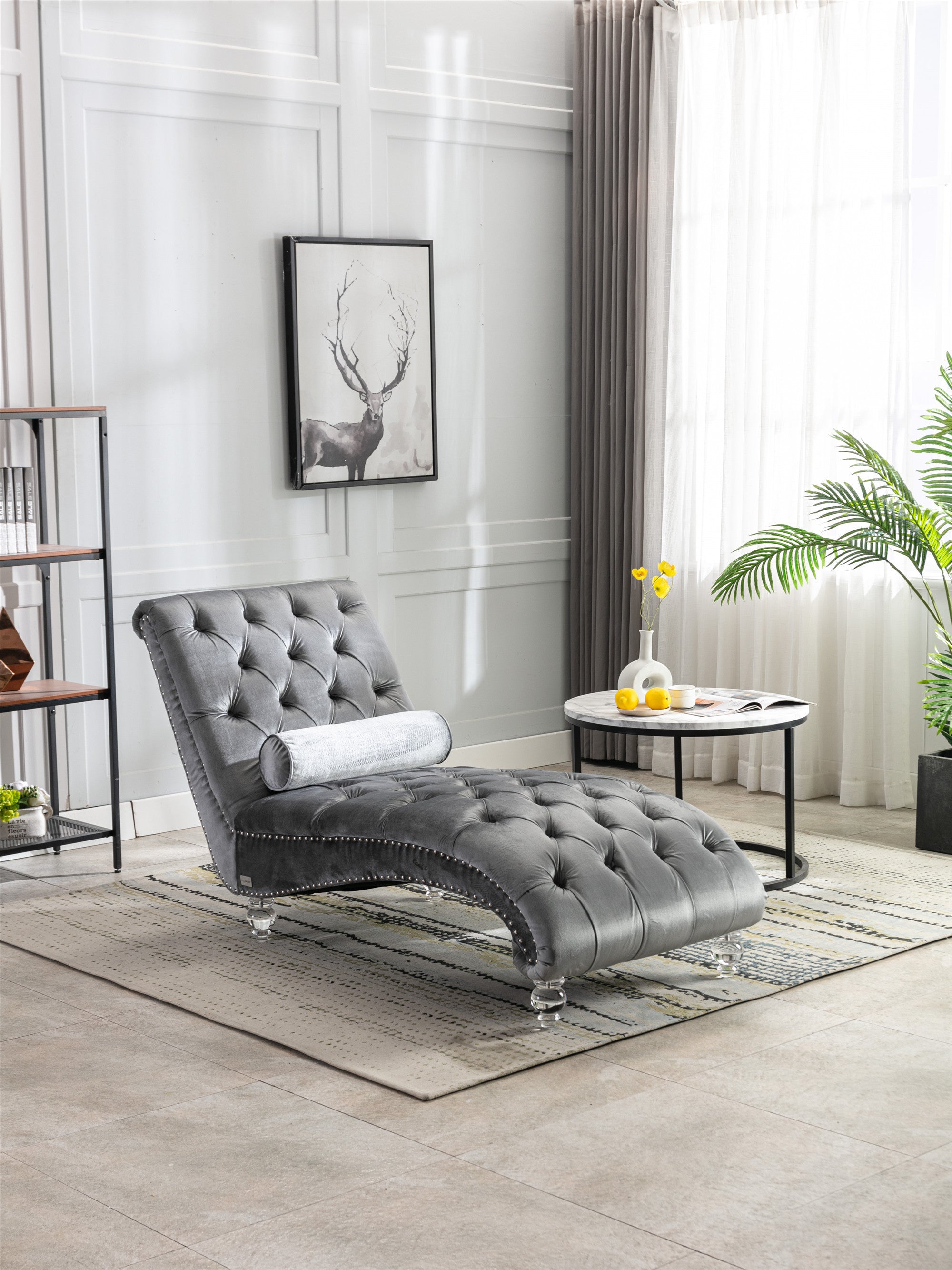 Claire Modern gray Velvet Chaise Lounge with Acrylic Legs