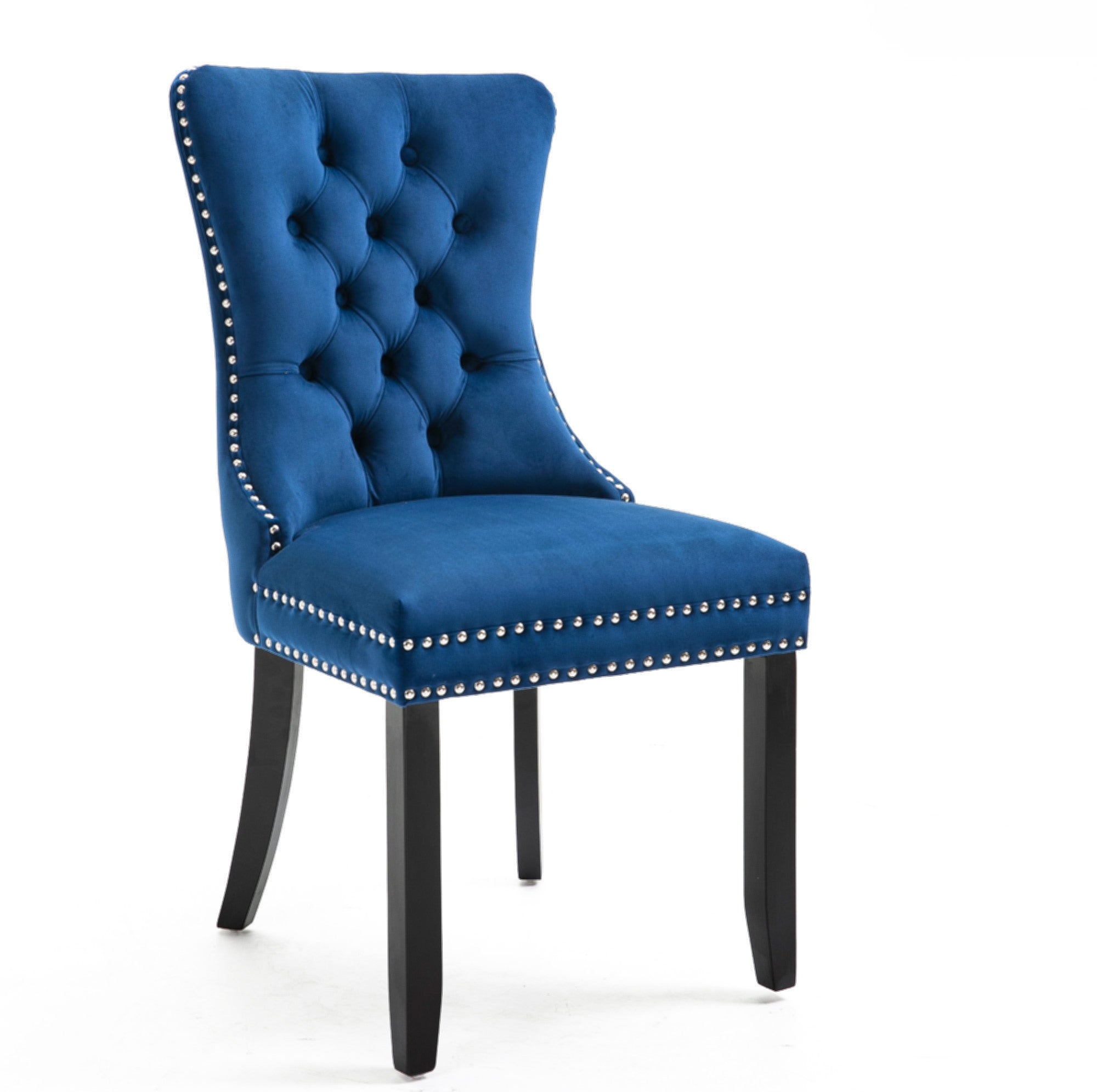 Set of 2 Luxury Blue Velvet Dining Chairs with Pull Ring and solid wood Legs 
